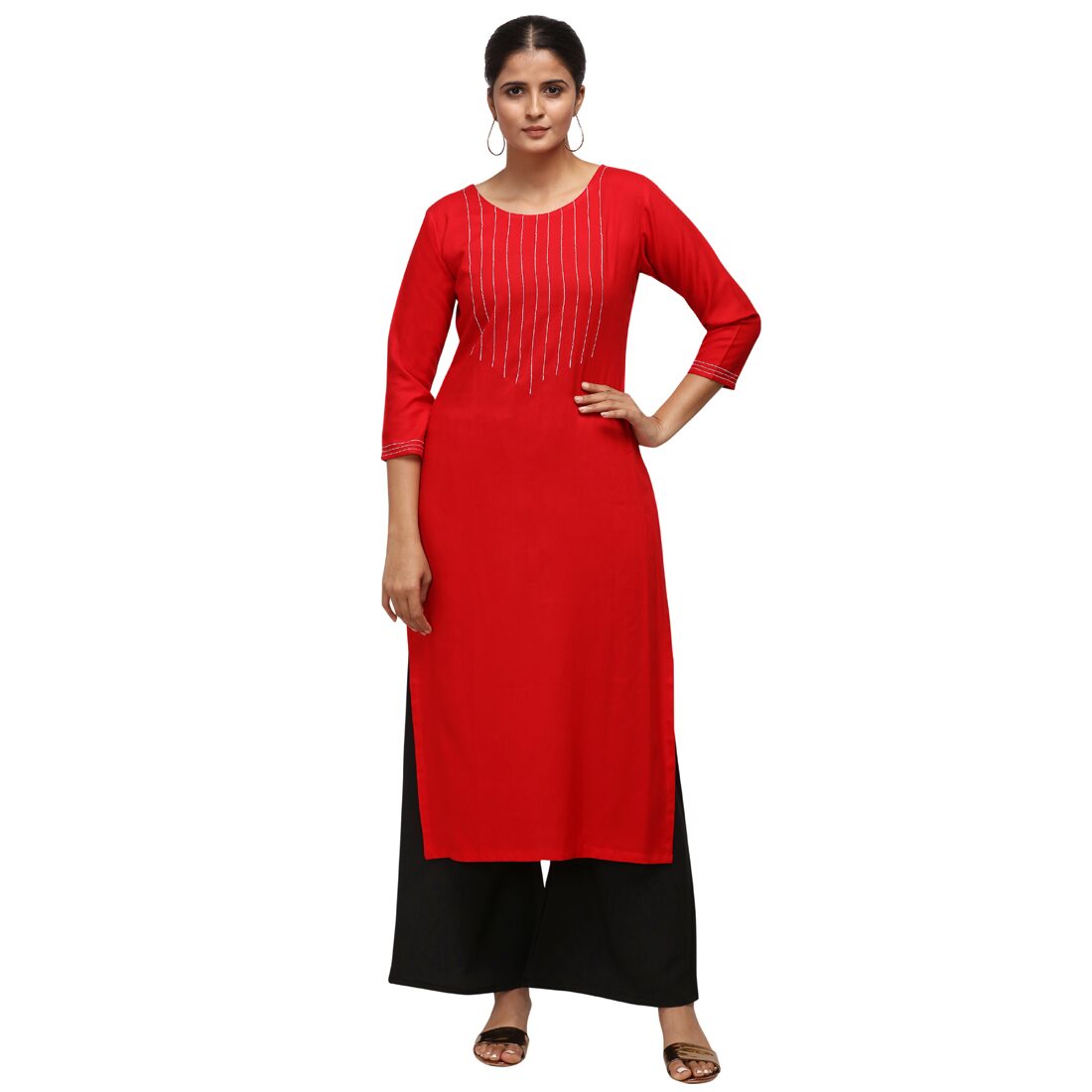 

Saadhvi Women Red Embroidered Straight Kurta