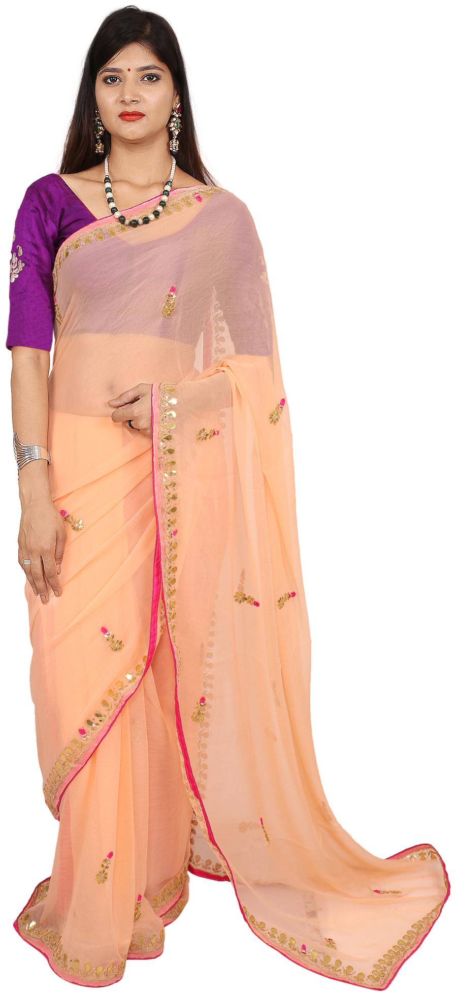

SAARVI Chiffon Peach Embellished Designer Saree For Women