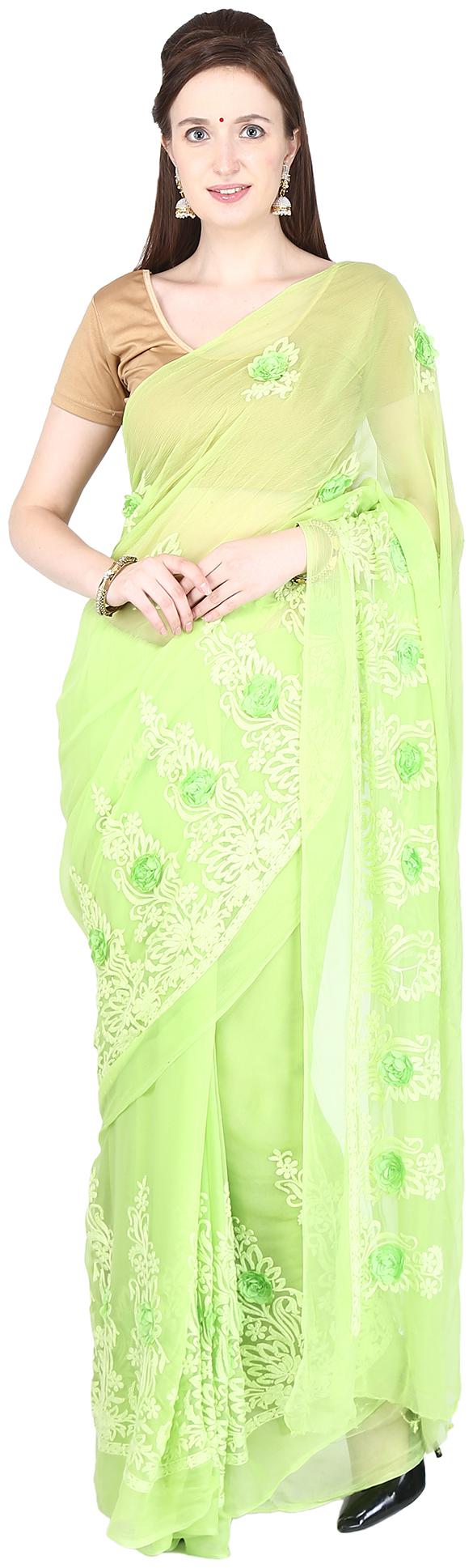 

SAARVI Chiffon Chevrons Party Green Color Designer Saree