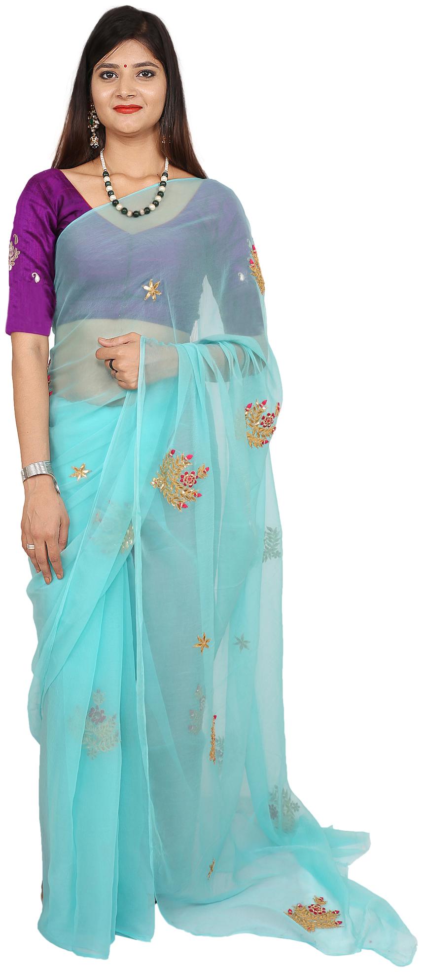 

SAARVI Blue Embroidered Kalamkari Designer Saree With blouse