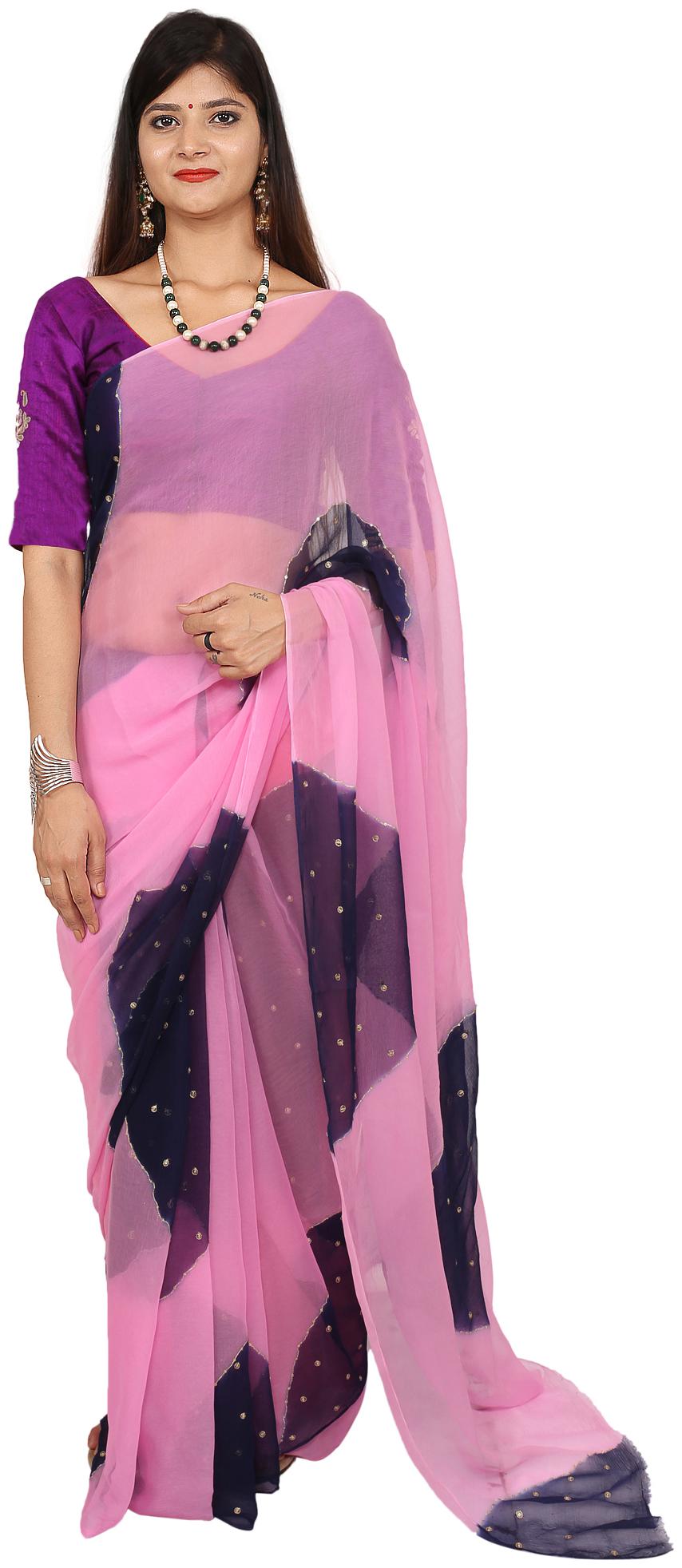 

SAARVI Chiffon Pink Blue Embellished Designer Saree For Women