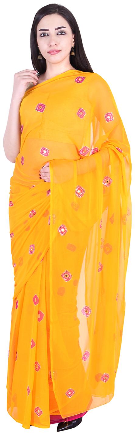 

SAARVI Women Chiffon Embellished Yellow Designer Saree With Blouse