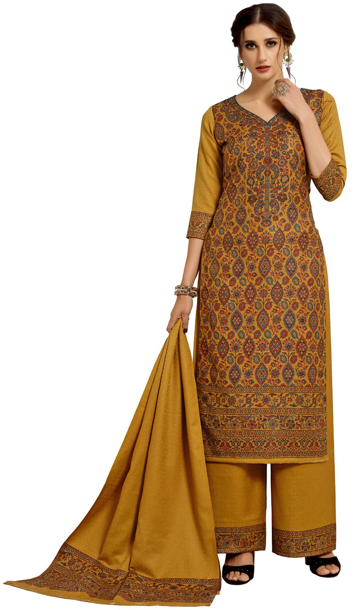 

SAFAA Gold Unstitched Kurta with bottom dupatta With dupatta Dress Material