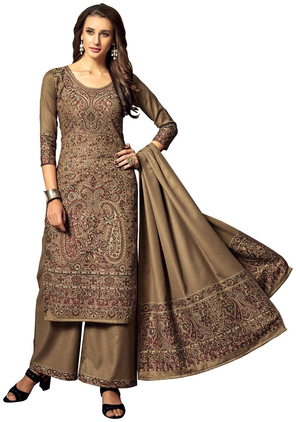 

SAFAA Brown Unstitched Kurta with bottom dupatta With dupatta Dress Material