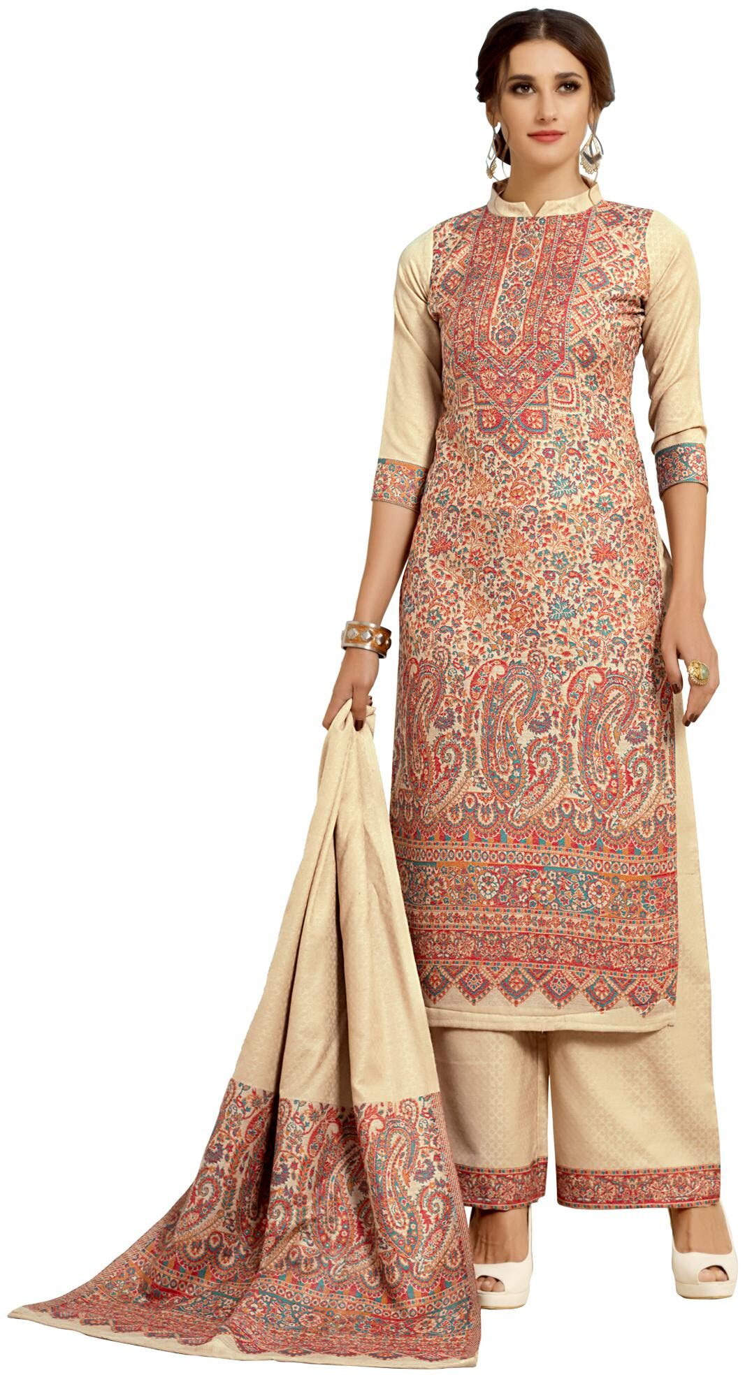 

SAFAA Cream Unstitched Kurta with bottom dupatta With dupatta Dress Material