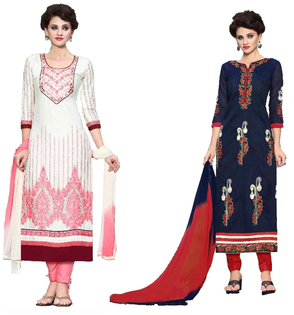 

Sahari Designs White And Blue Grace Satin Unstitched Dress Material With Embroidery Work - Pack Of 2 Suit