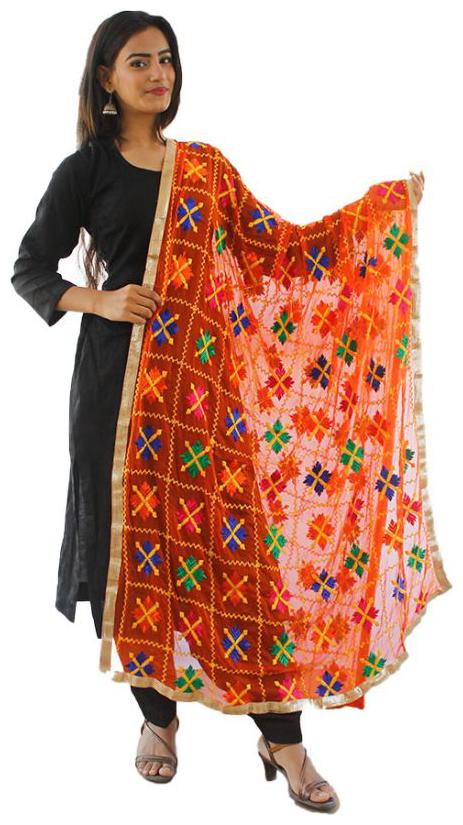 

Sahej Suits Women Fashion Chiffon Phulkari Dupatta Orange