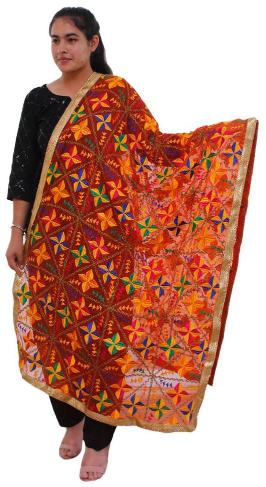 

Sahej Suits Women Fashion Heavy Embroidery Phulkari Dupatta Light Orange