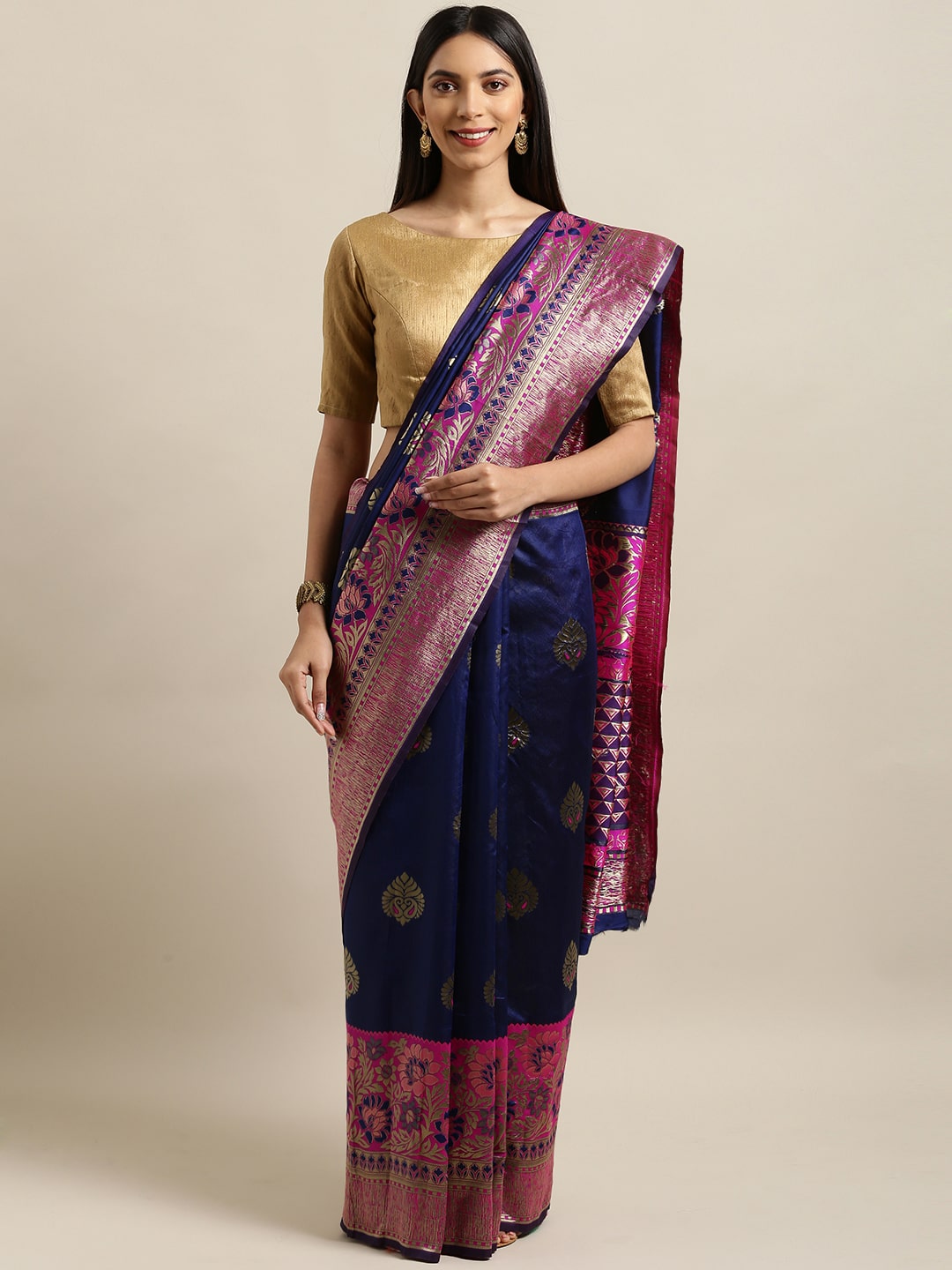 

SAINOOR Artificial Silk Woven Navy Blue Regular Saree For Women