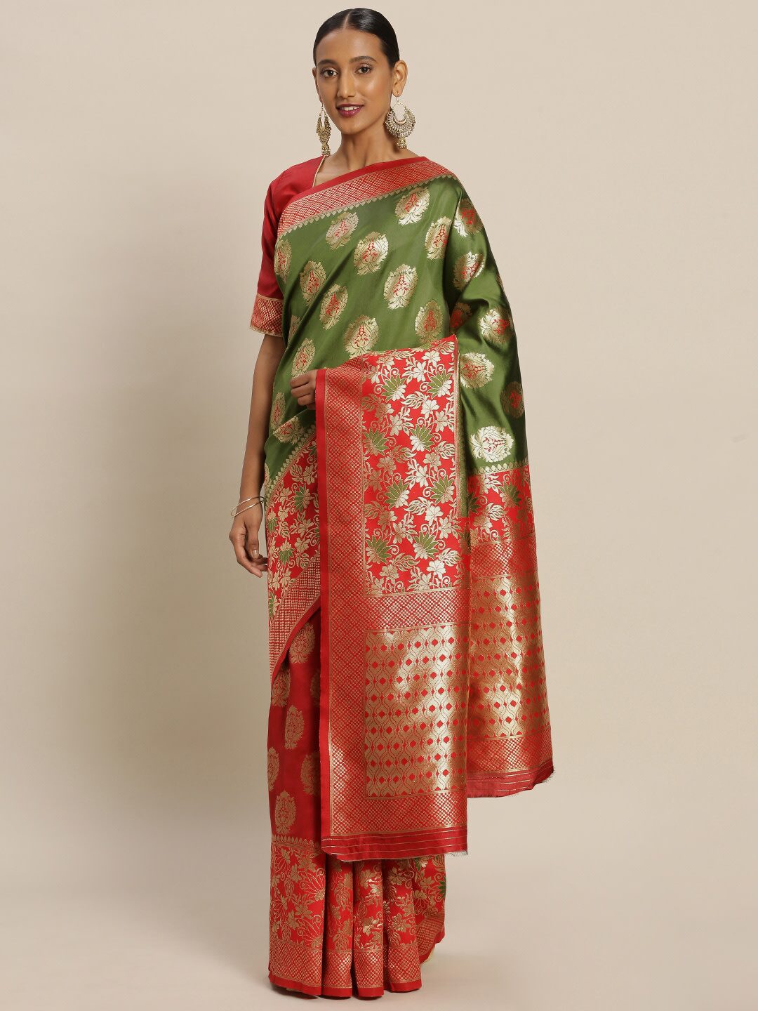 

SAINOOR Artificial Silk Woven Red Half Half Saree For Women