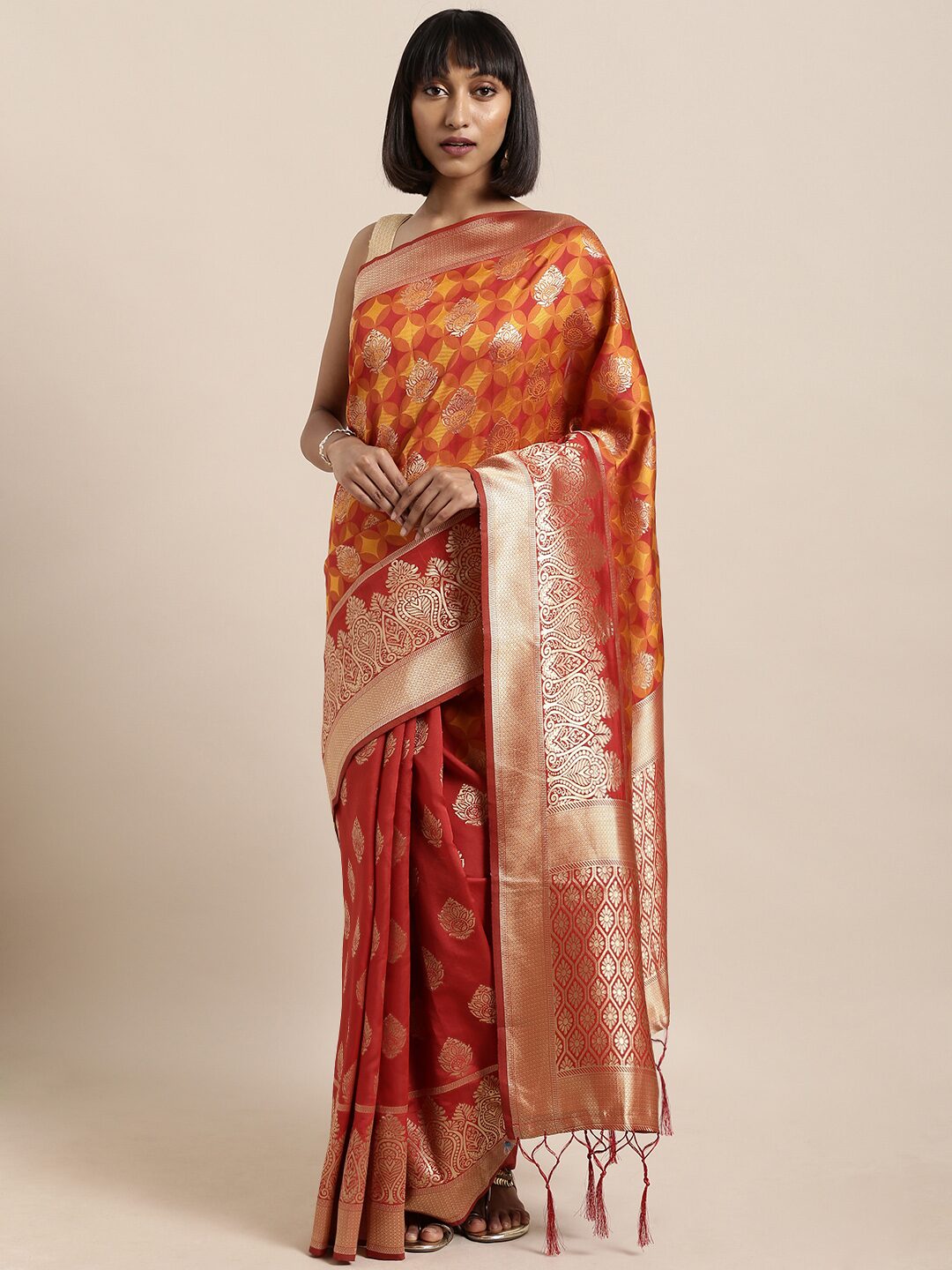 

SAINOOR Artificial Silk Woven Red Half Half Saree For Women