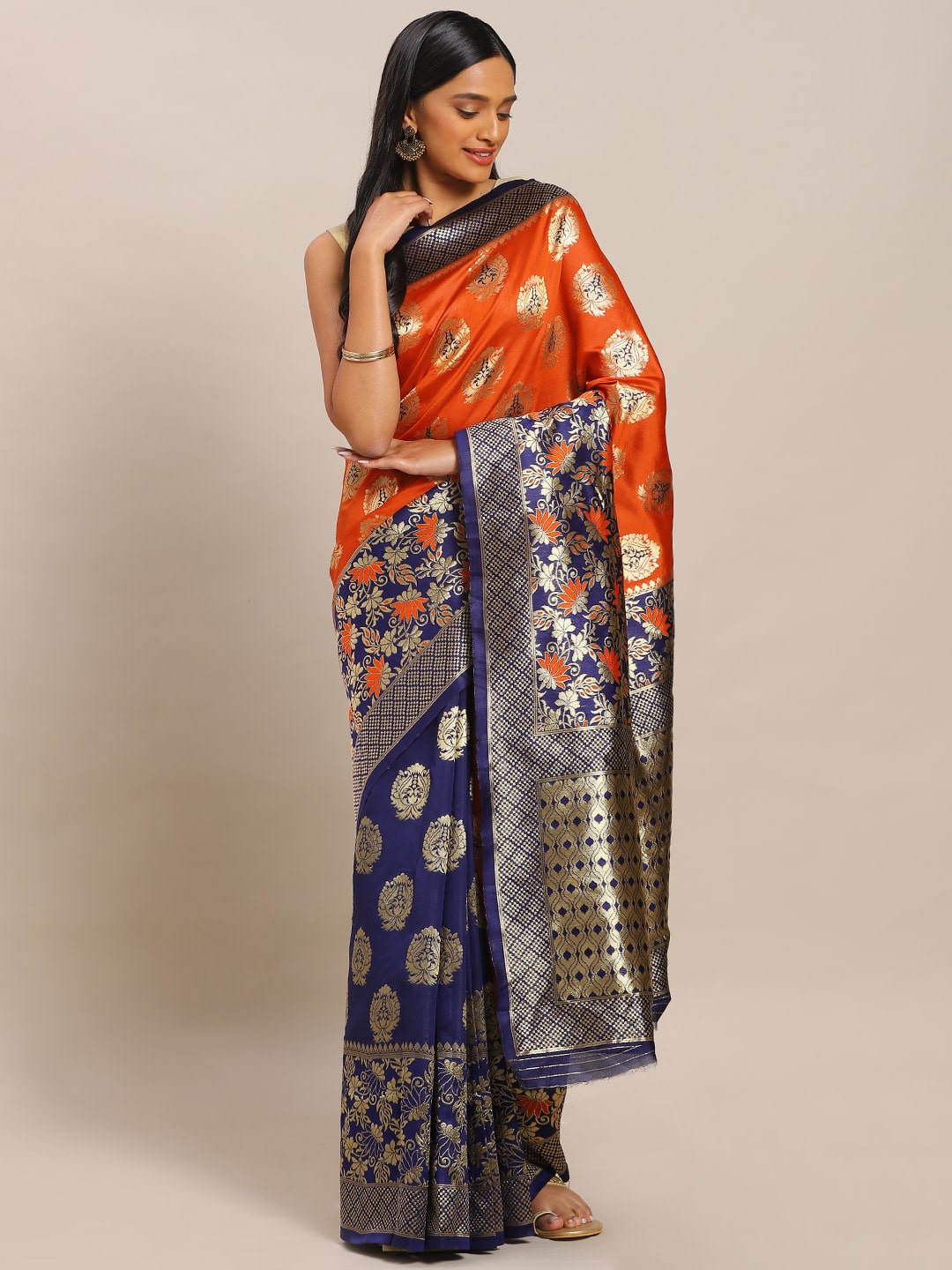 

SAINOOR Artificial Silk Woven Navy Blue Half Half Saree For Women