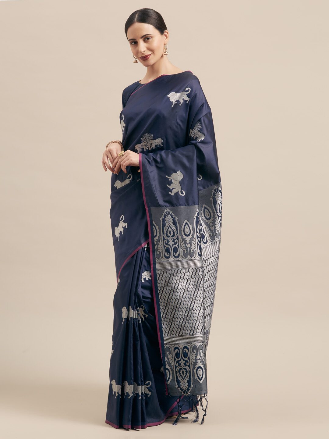 

SAINOOR Artificial Silk Woven Navy Blue Regular Saree For Women