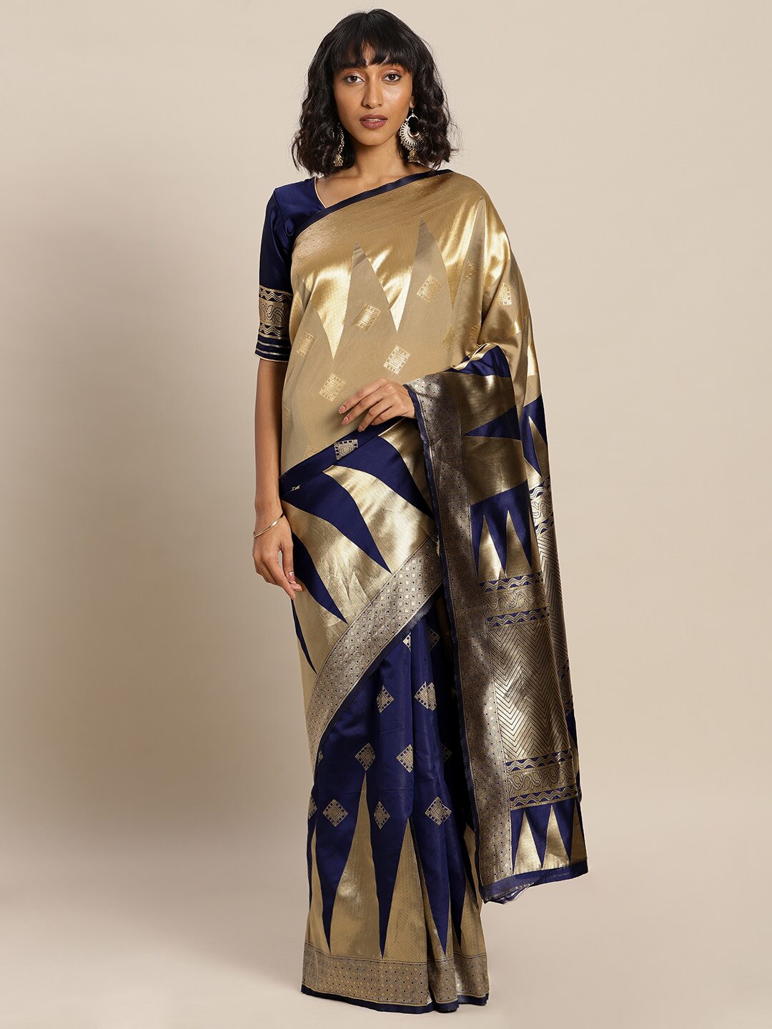 

SAINOOR Artificial Silk Woven Navy Blue Half Half Saree For Women
