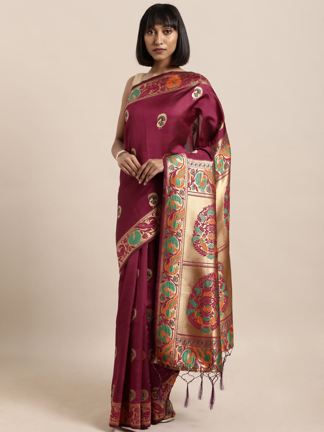 

SAINOOR Artificial Silk Woven Wine Regular Saree For Women