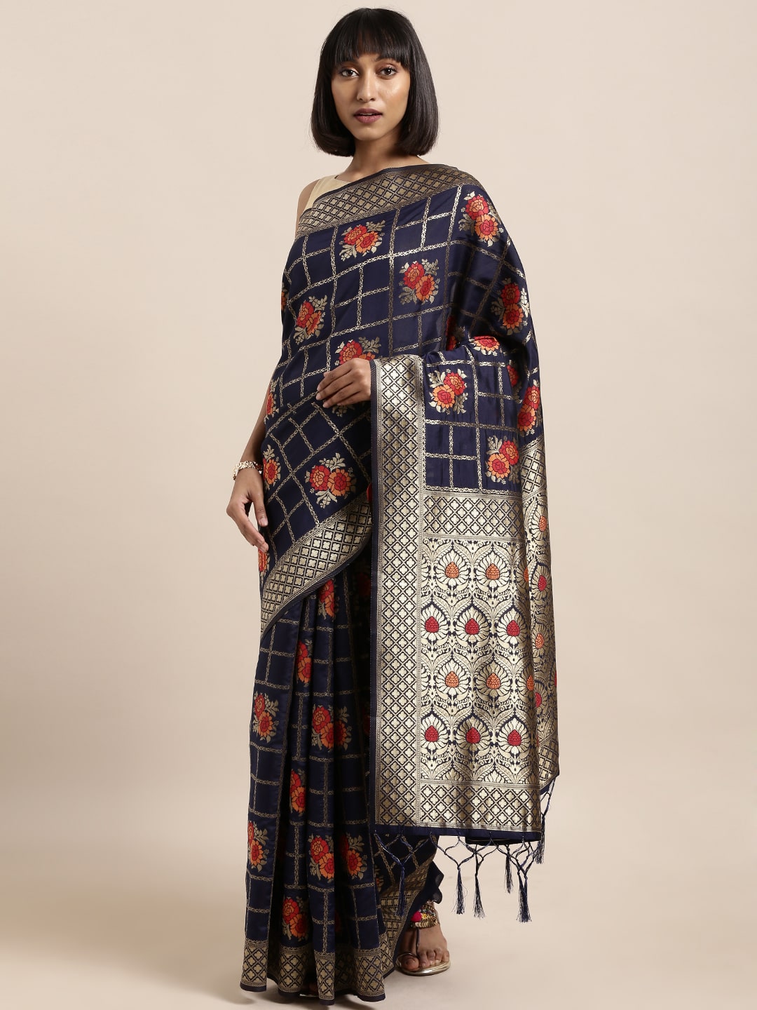 

SAINOOR Artificial Silk Woven Navy Blue Regular Saree For Women