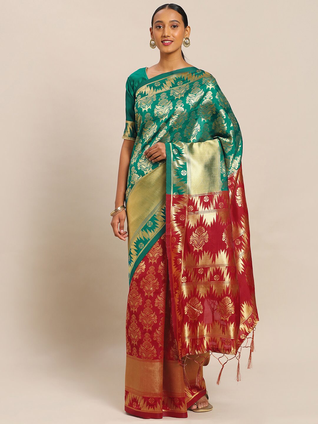 

SAINOOR Artificial Silk Woven Red Half Half Saree For Women