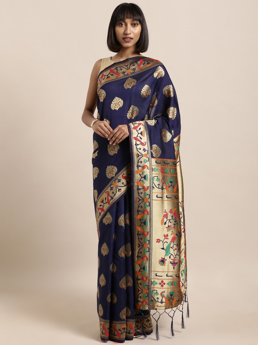 

SAINOOR Artificial Silk Woven Navy Blue Regular Saree For Women
