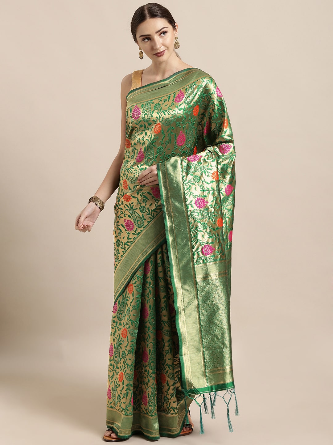 

SAINOOR Artificial Silk Woven Green Regular Saree For Women