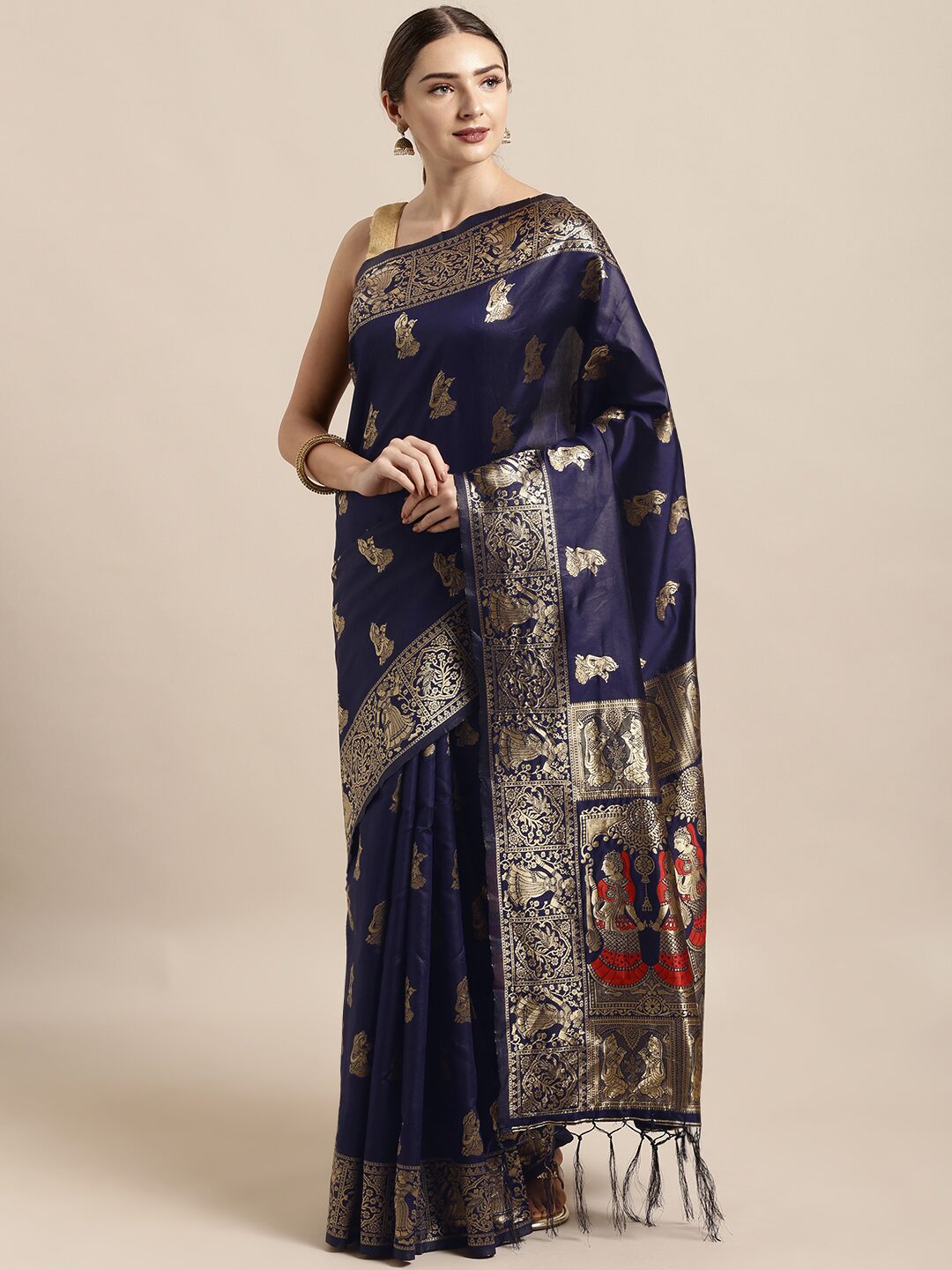 

SAINOOR Artificial Silk Woven Navy Blue Regular Saree For Women
