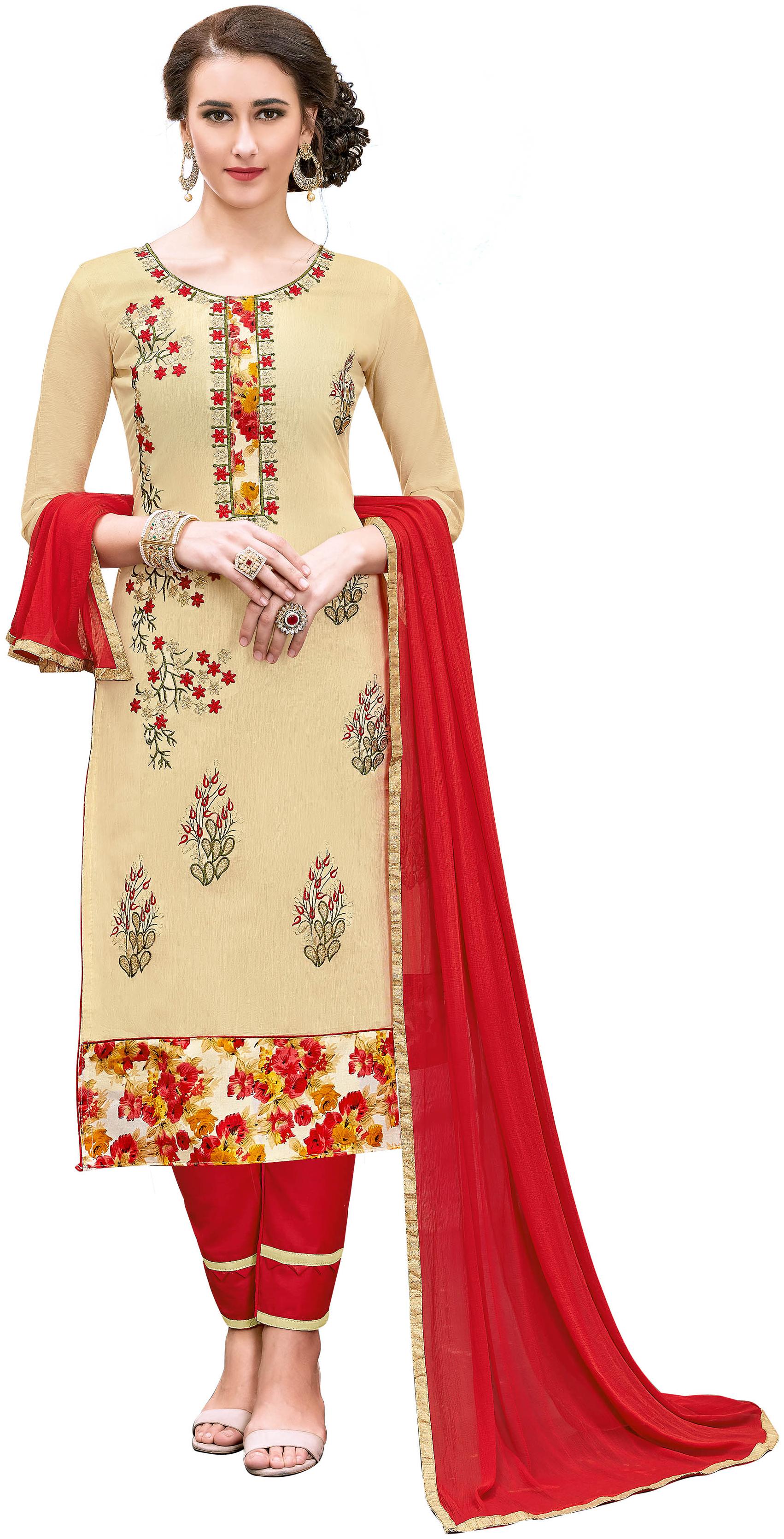 

Sainoor Beige Colour Straight Style Embroidered Work Dress Material