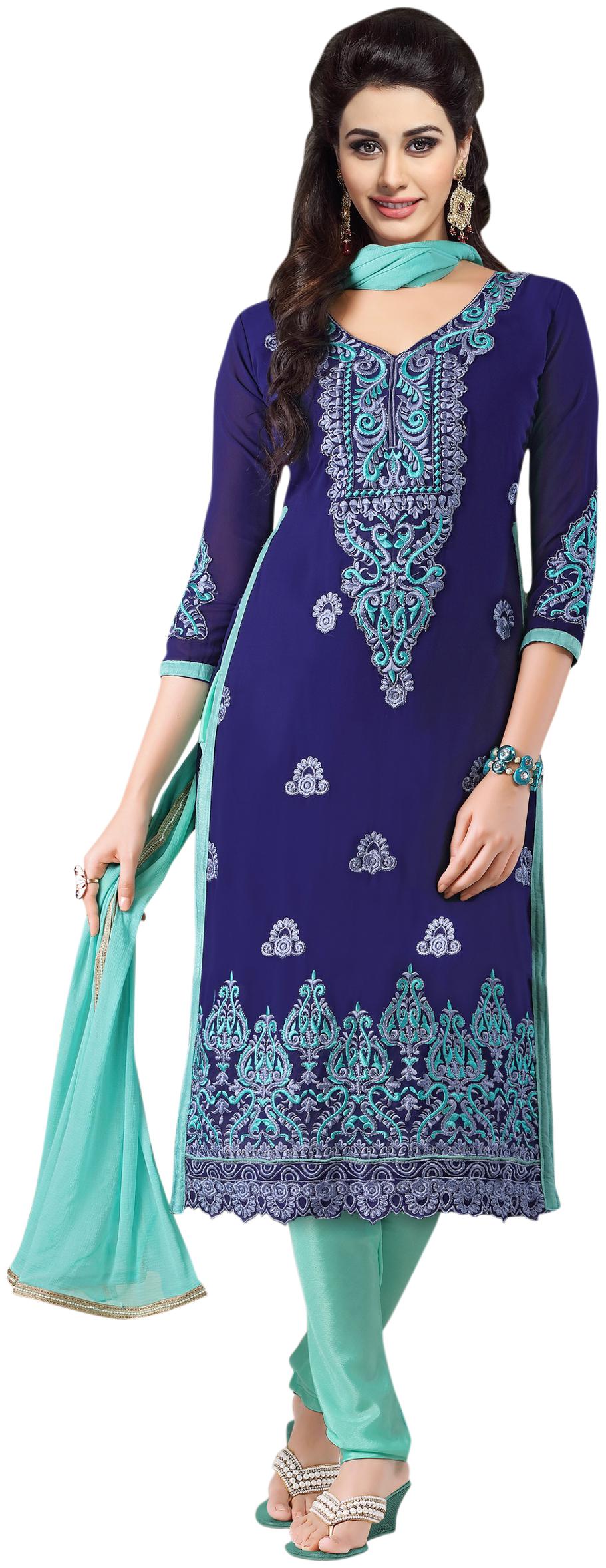 

Sainoor Blue Colour Straight Style Embroidered Work Dress Material