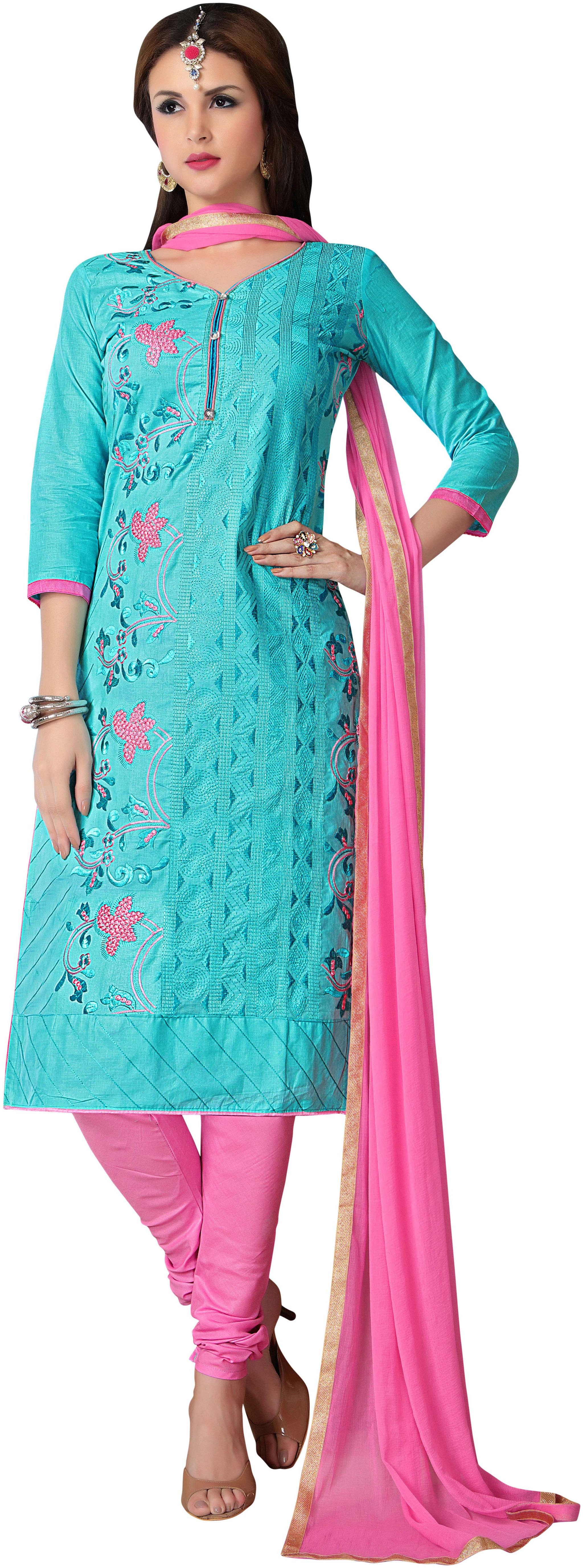 

Sainoor Blue Colour Straight Style Embroidered Work Dress Material