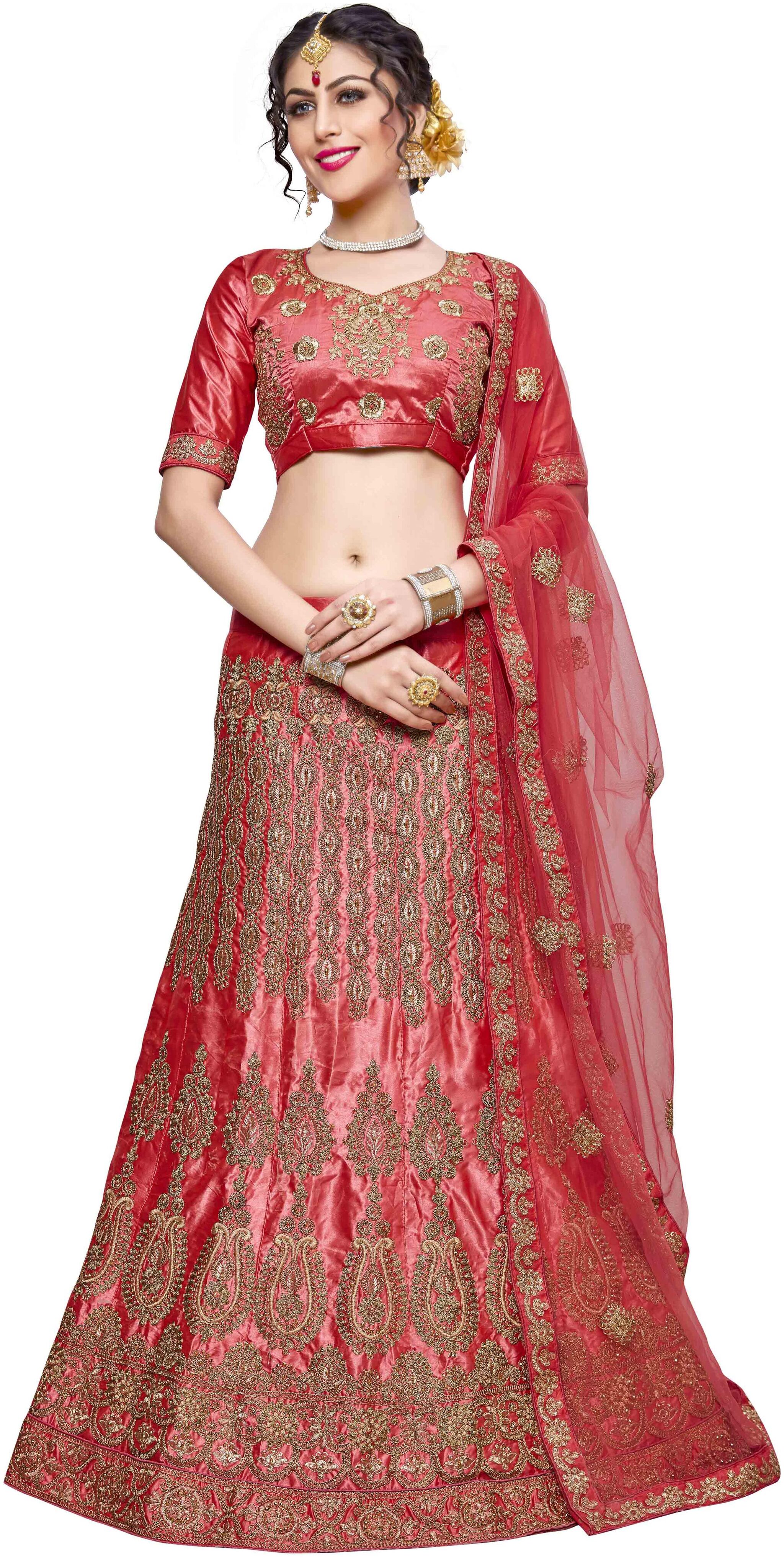 

Sainoor Fancy Multi Zari Embrodiery Peach Colour Lehenga
