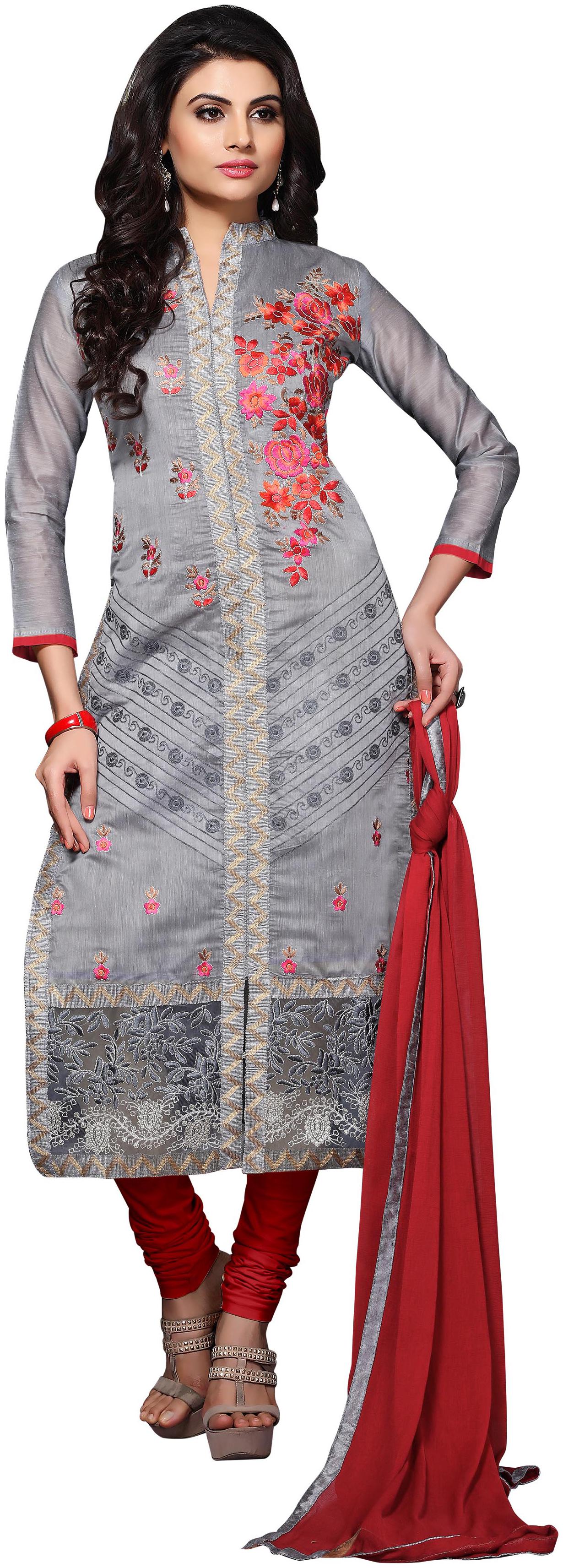 

Sainoor Grey Colour A Line Style Thread Work Dress Material