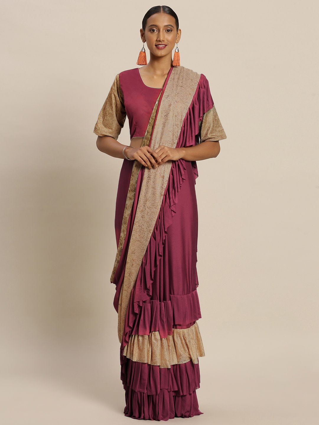 

SAINOOR Lycra Solid Maroon Ruffle Saree For Women