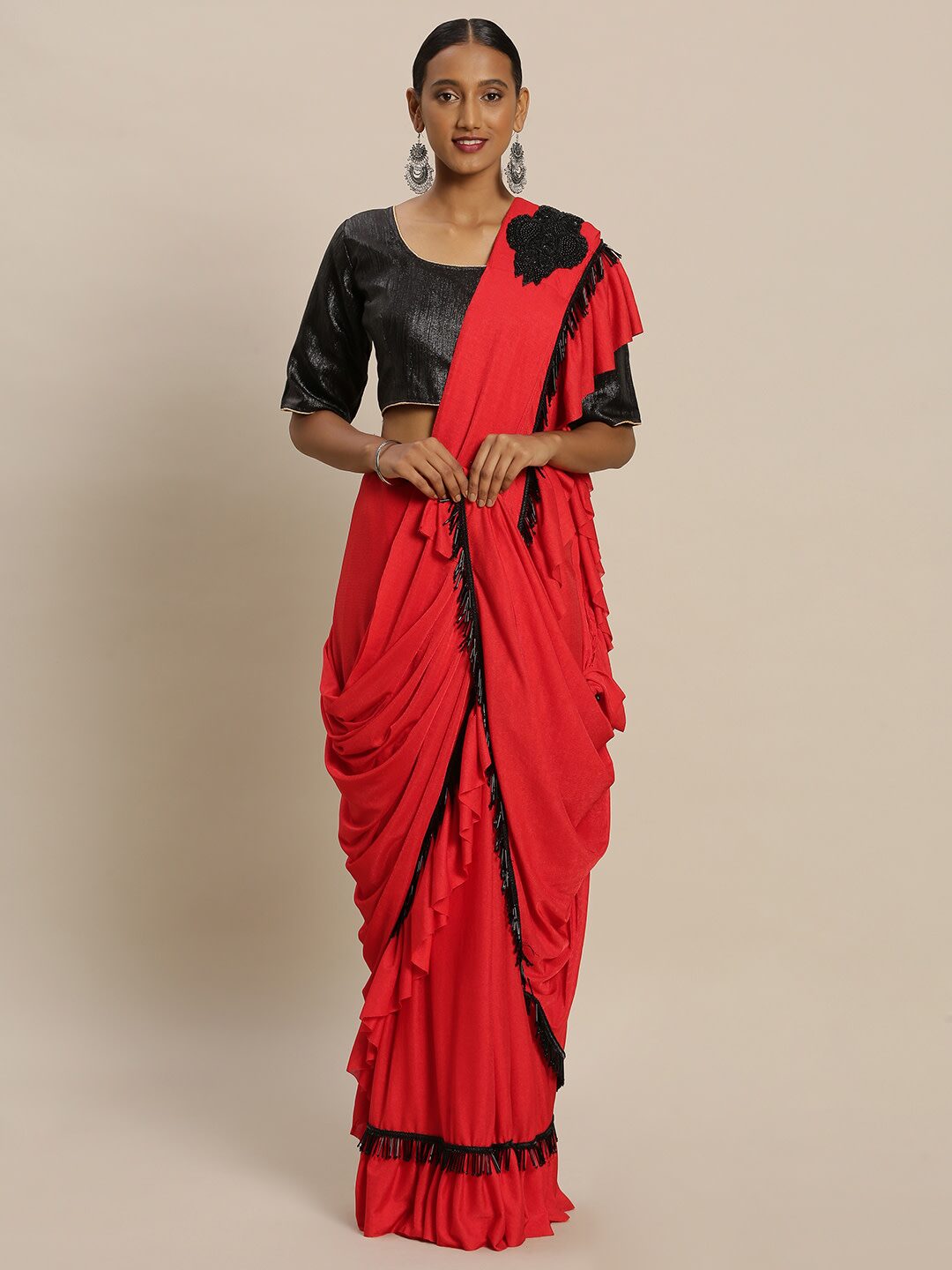 

SAINOOR Lycra Solid Red Ruffle Saree For Women