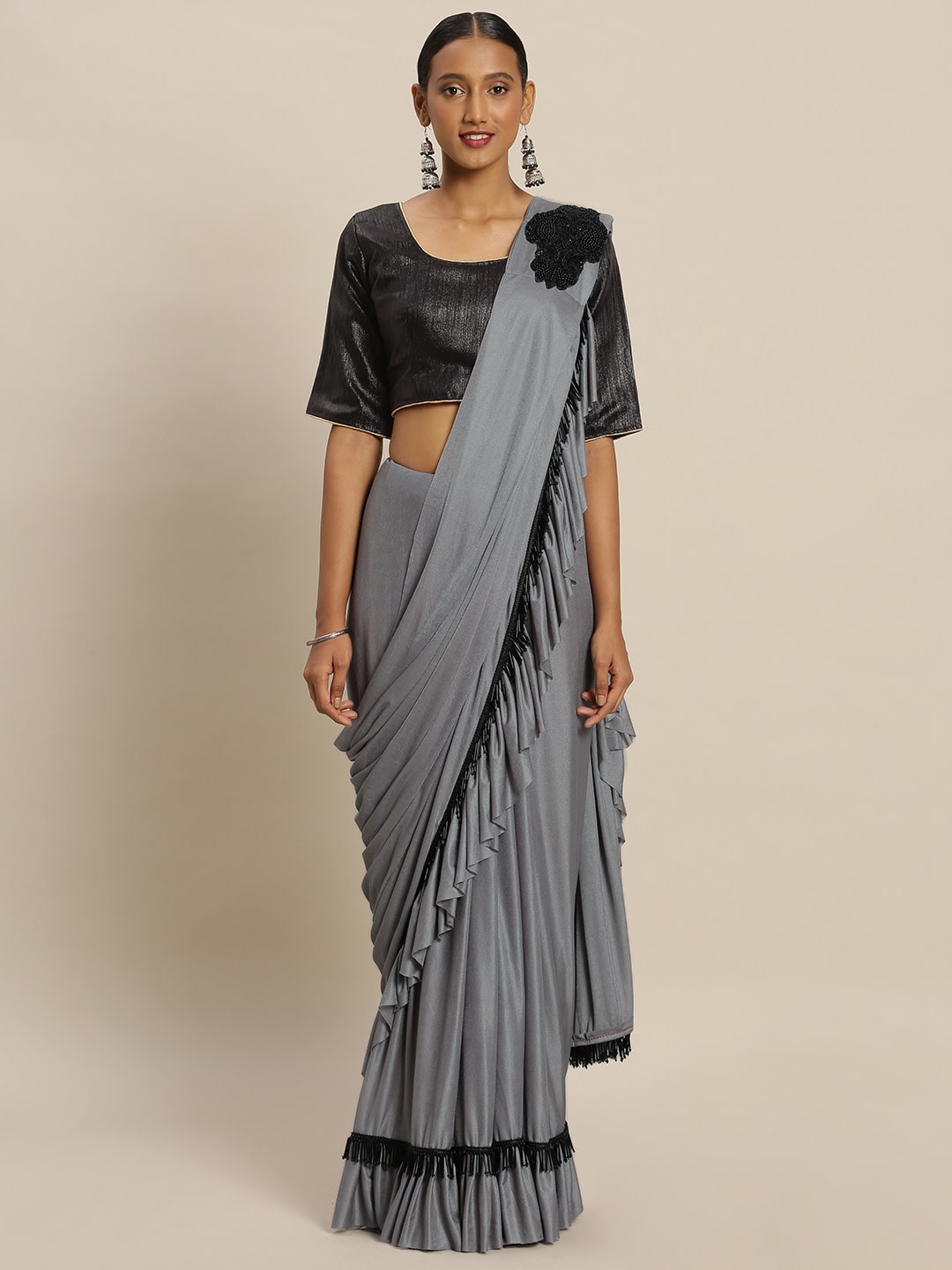 

SAINOOR Lycra Solid Grey Ruffle Saree For Women