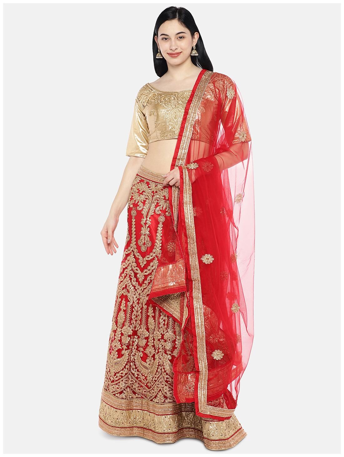 

SAINOOR Net Embroidered Red Lehenga Choli For Women