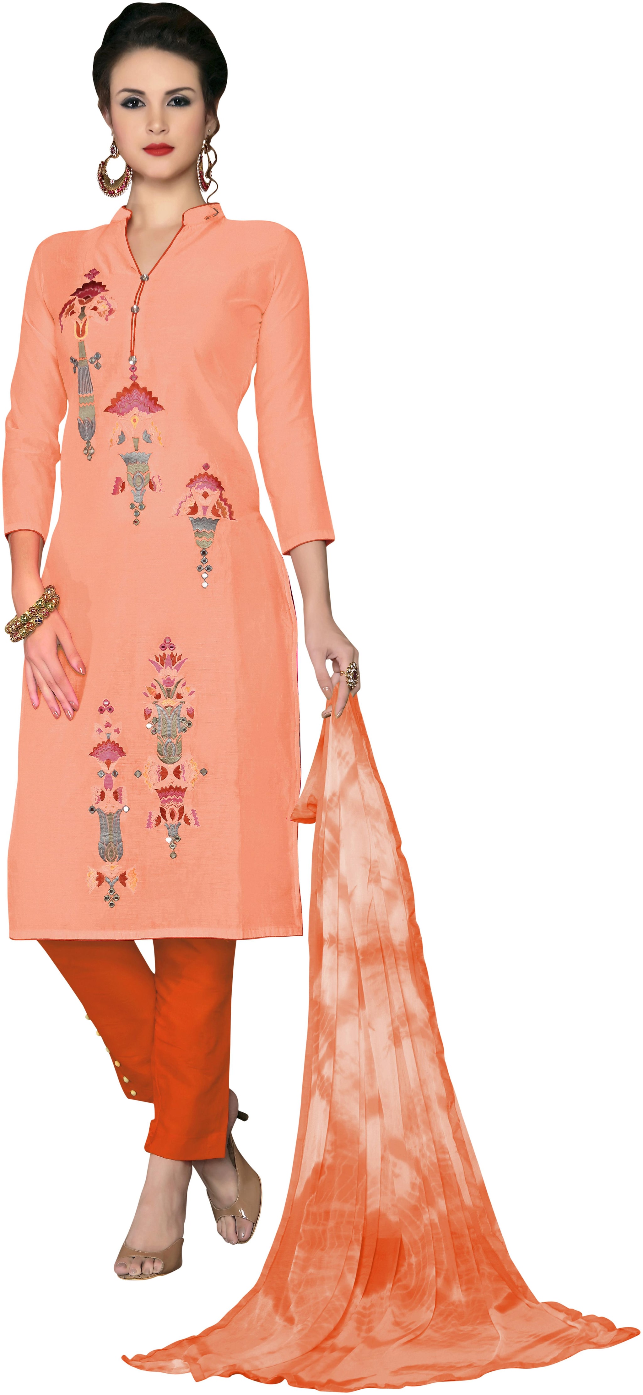 

Sainoor Peach Colour Straight Style Embroidered Work Dress Material