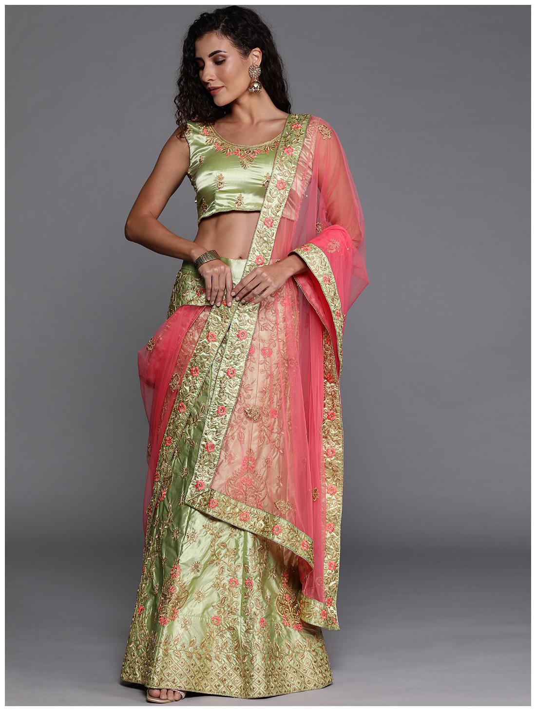 

SAINOOR Satin Embroidered Green Lehenga Choli For Women