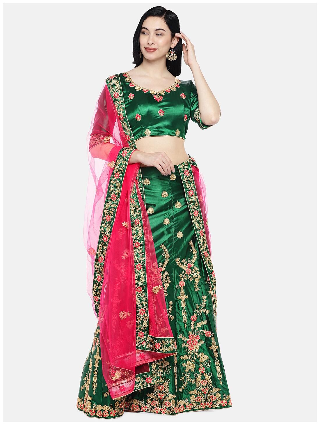 

SAINOOR Satin Embroidered Green Lehenga Choli For Women