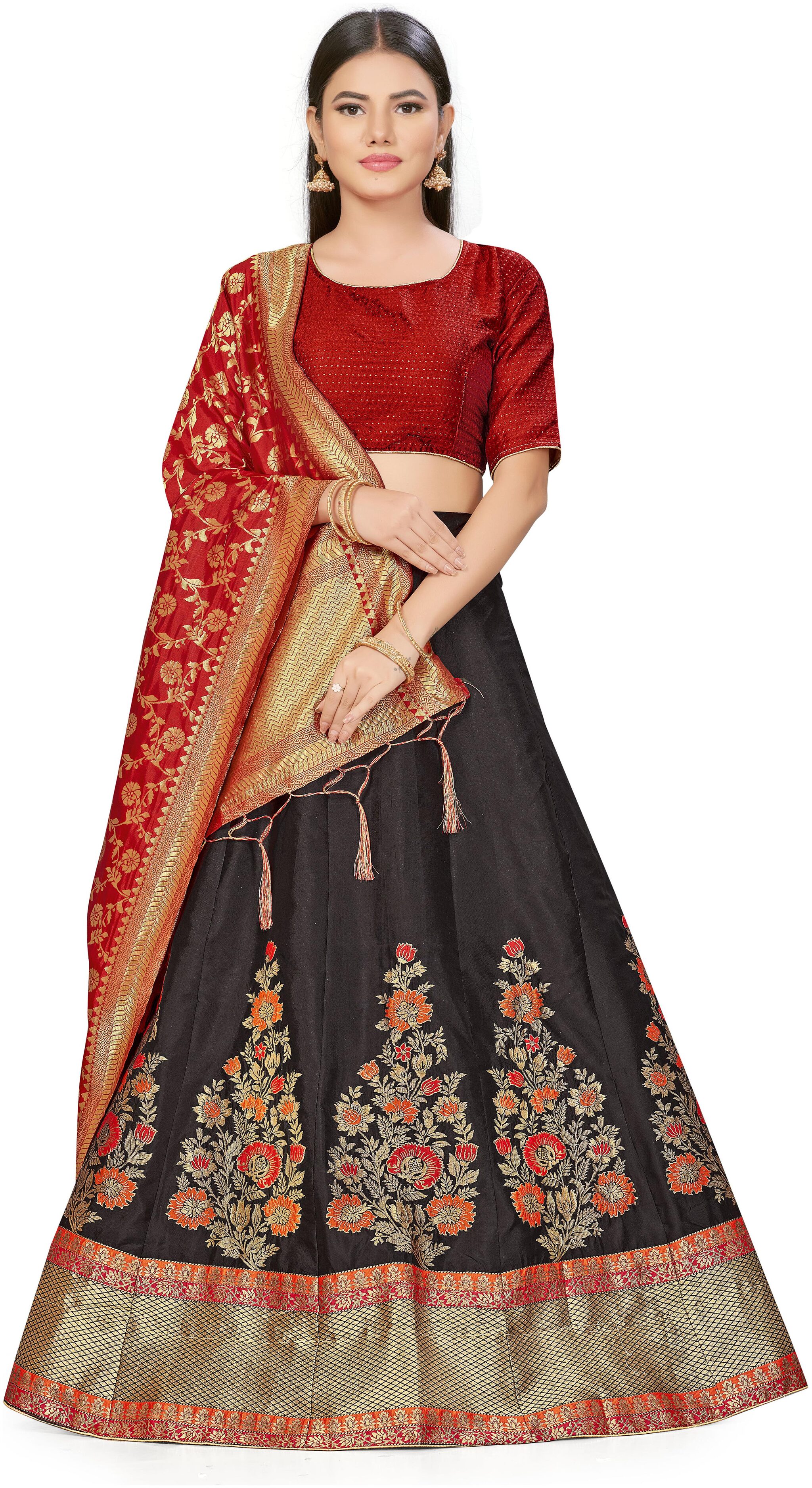 

Sainoor Silk Floral Black Lehenga Choli With Dupatta Women