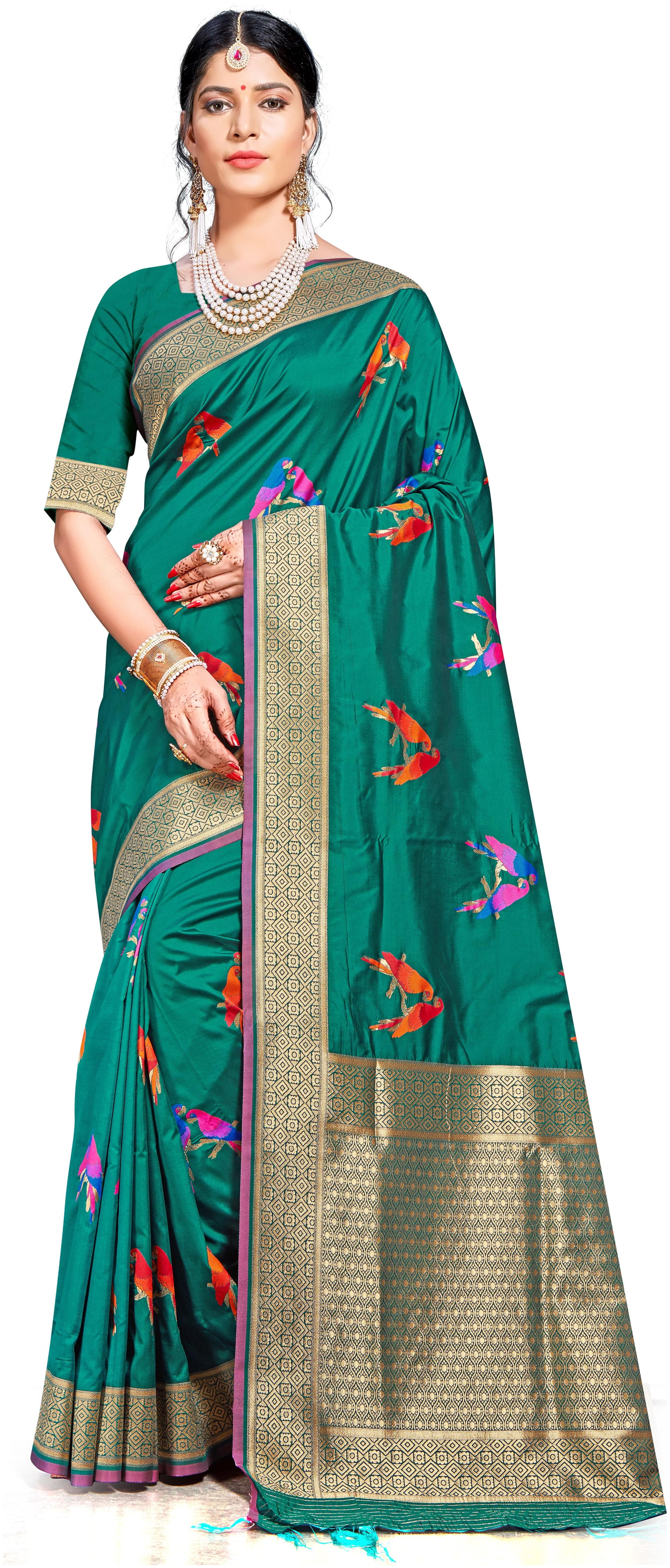 

SAINOOR Silk Banarasi Green SareeWith Blouse