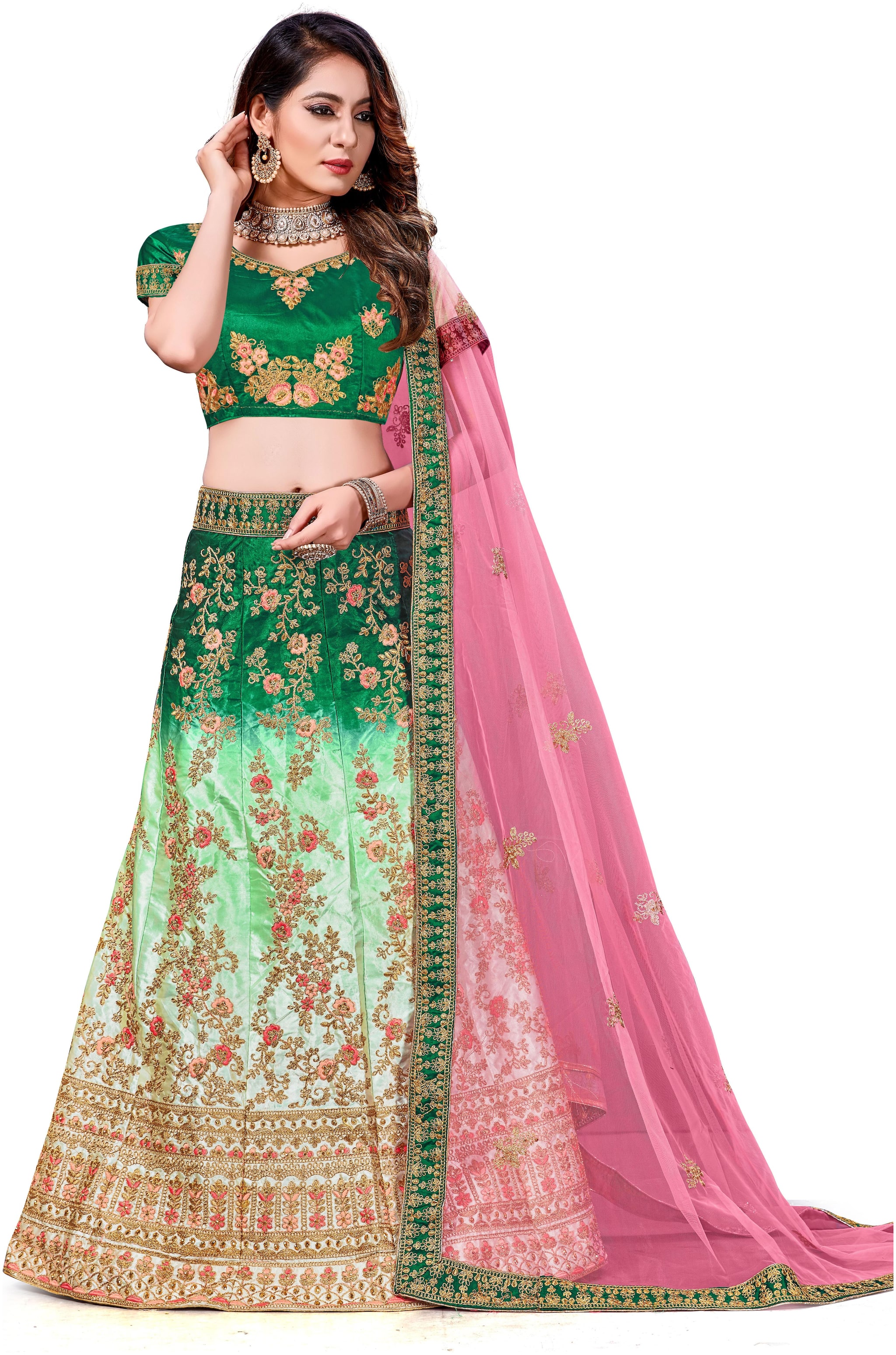 

SAINOOR Silk Regular Sleeves Semistiched Lehnga Choli Green Pink