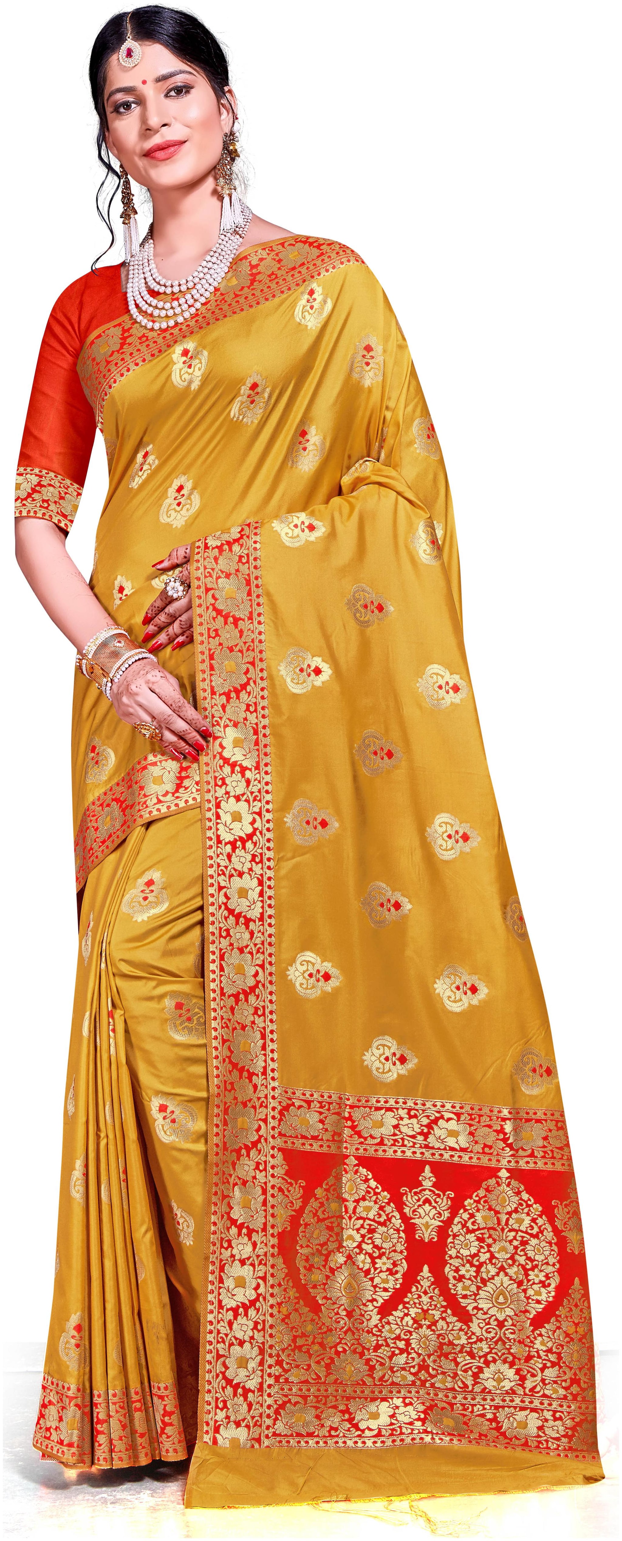 

SAINOOR Silk Banarasi Yellow SareeWith Blouse