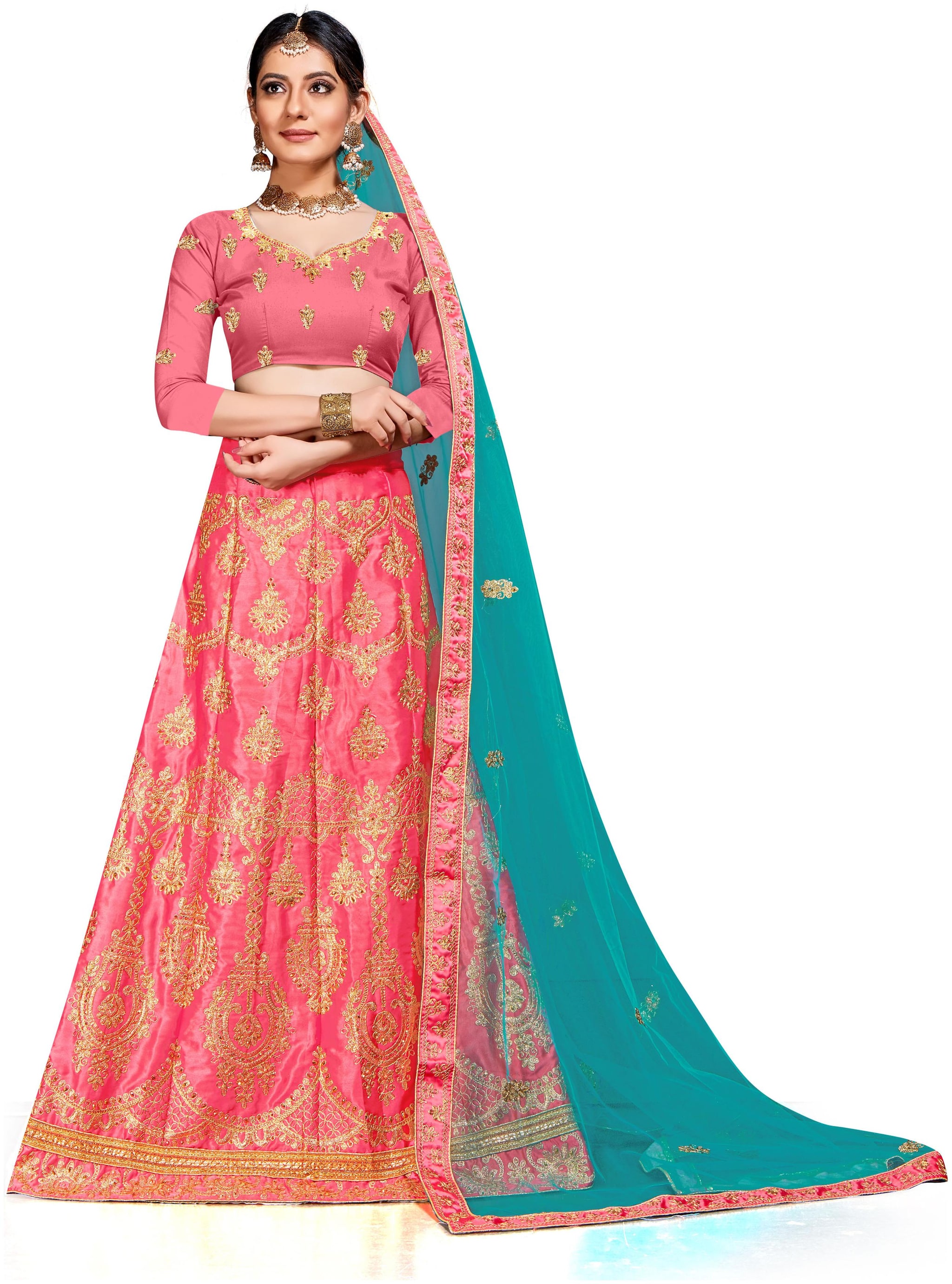 

SAINOOR Silk Regular Sleeves Semistiched Lehnga Choli Pink Turquoise