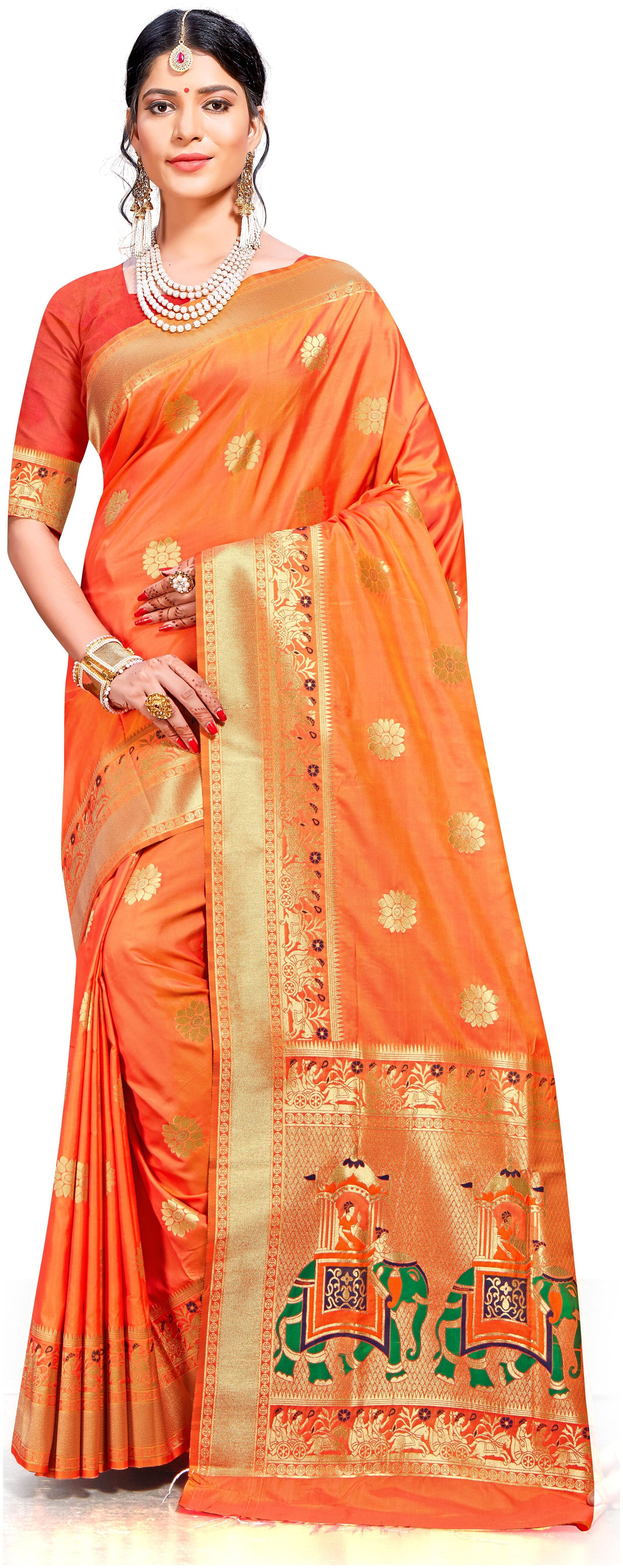

SAINOOR Silk Banarasi Orange SareeWith Blouse