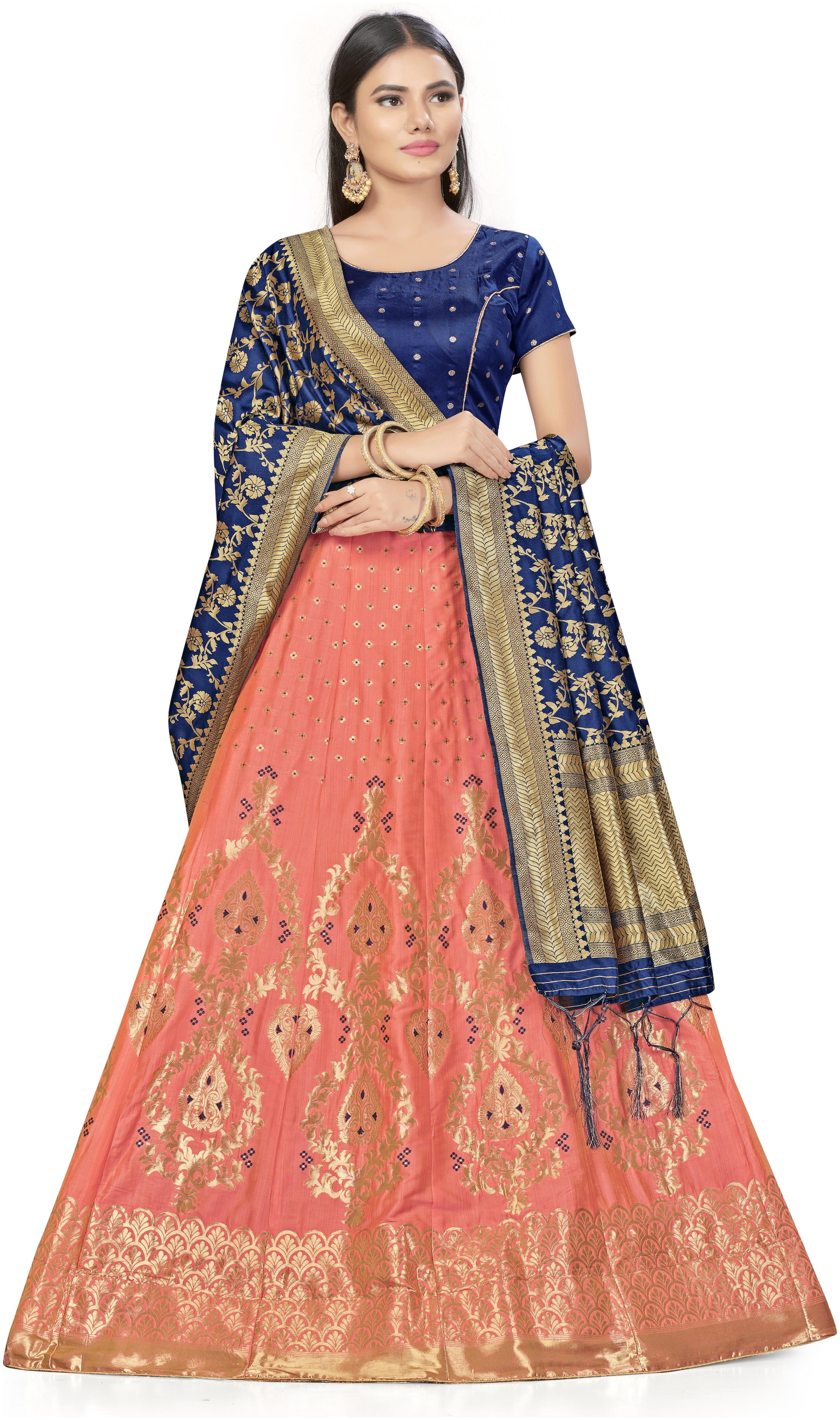 

Sainoor Silk Woven Peach Lehenga Choli With Dupatta Women