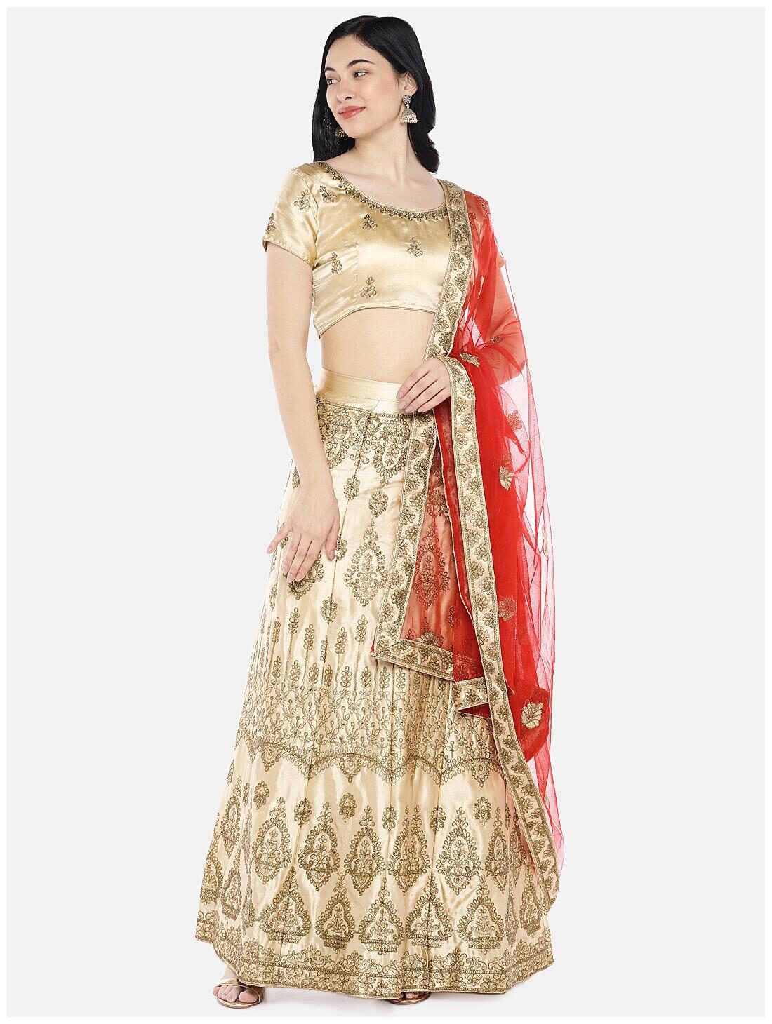 

SAINOOR Silk Embroidered Beige Lehenga Choli For Women