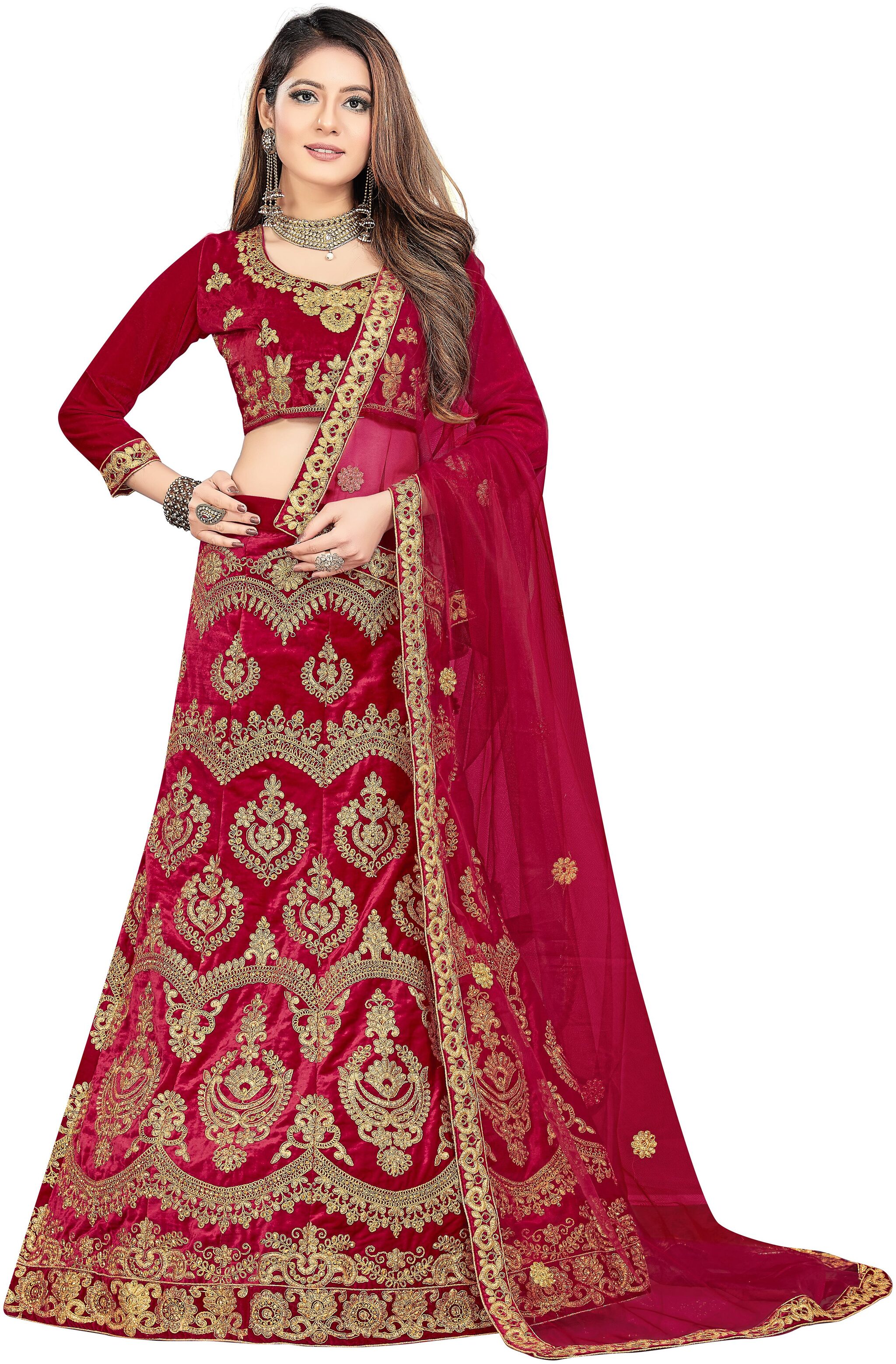 

SAINOOR Velvet Embroidered Lehenga Choli - Pink
