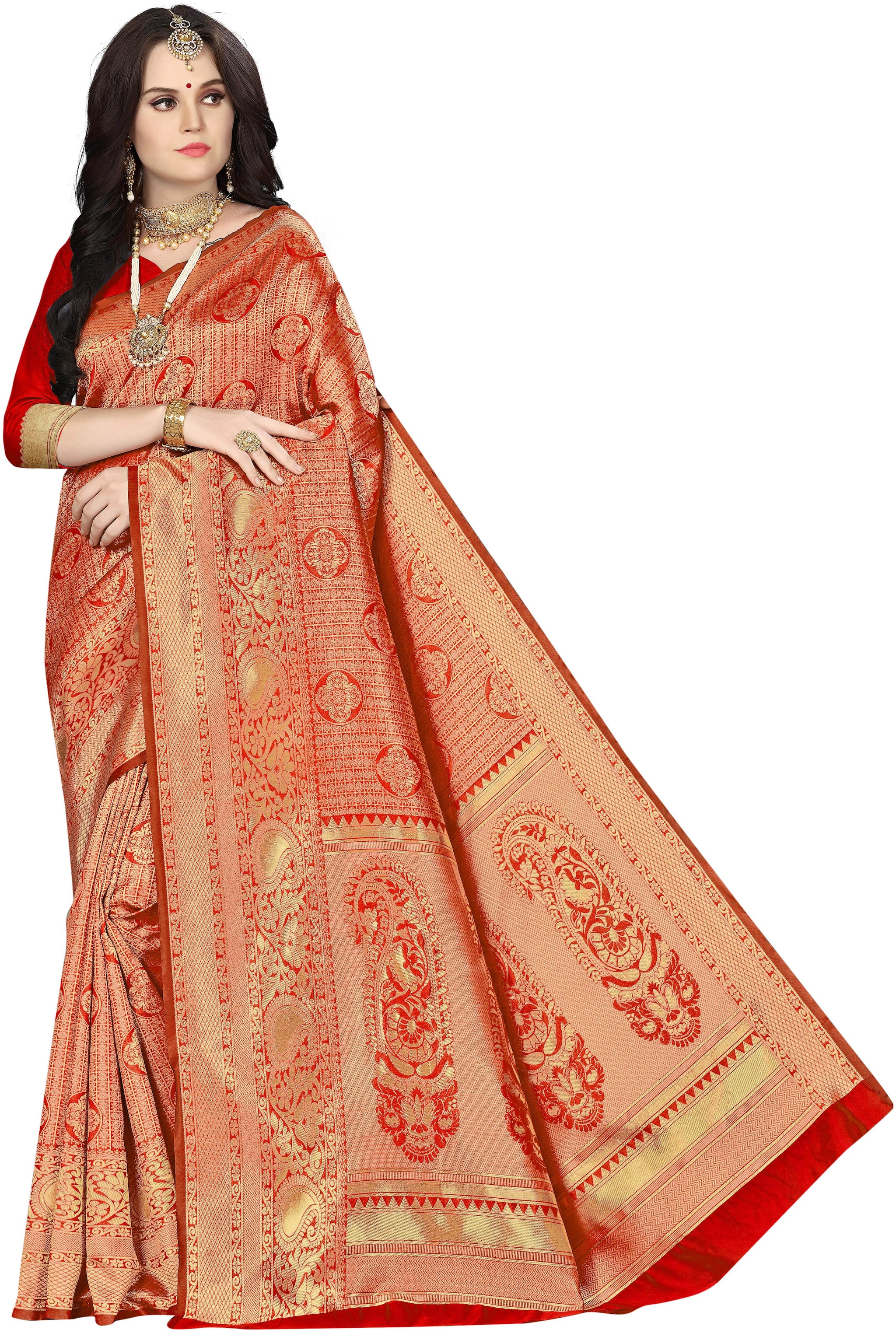 

Sainoor Women Artificial Silk Woven Saree With Blouse Piece (Red)