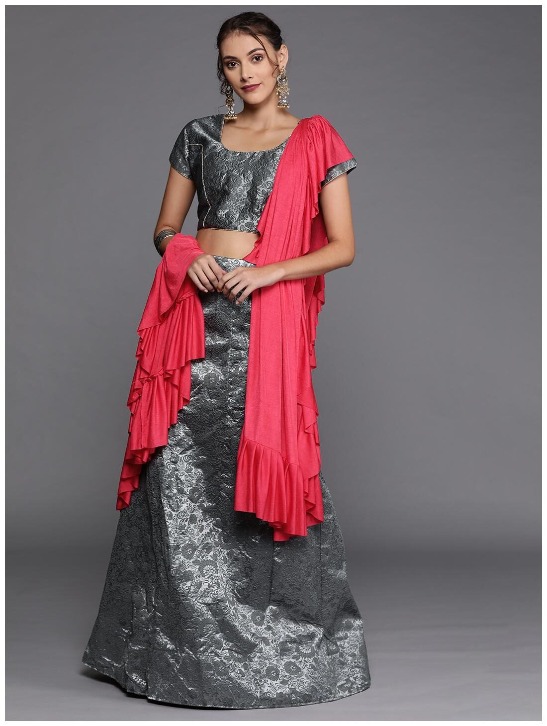 

SAINOOR Women Silk Floral Grey Lehenga Choli