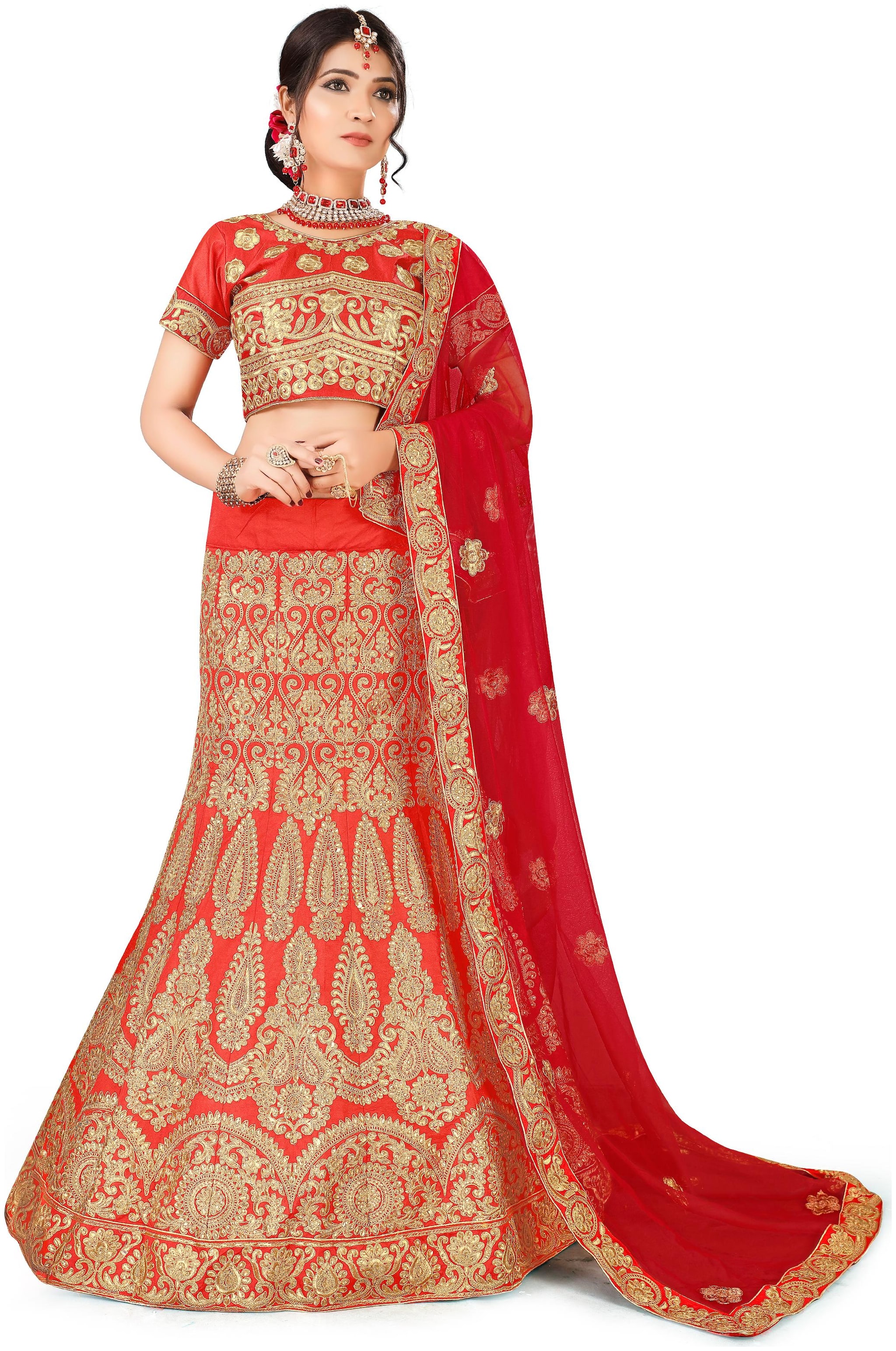 

Sainoor WomenS Red Colour Heavy Zari Embrodiery Lehenga