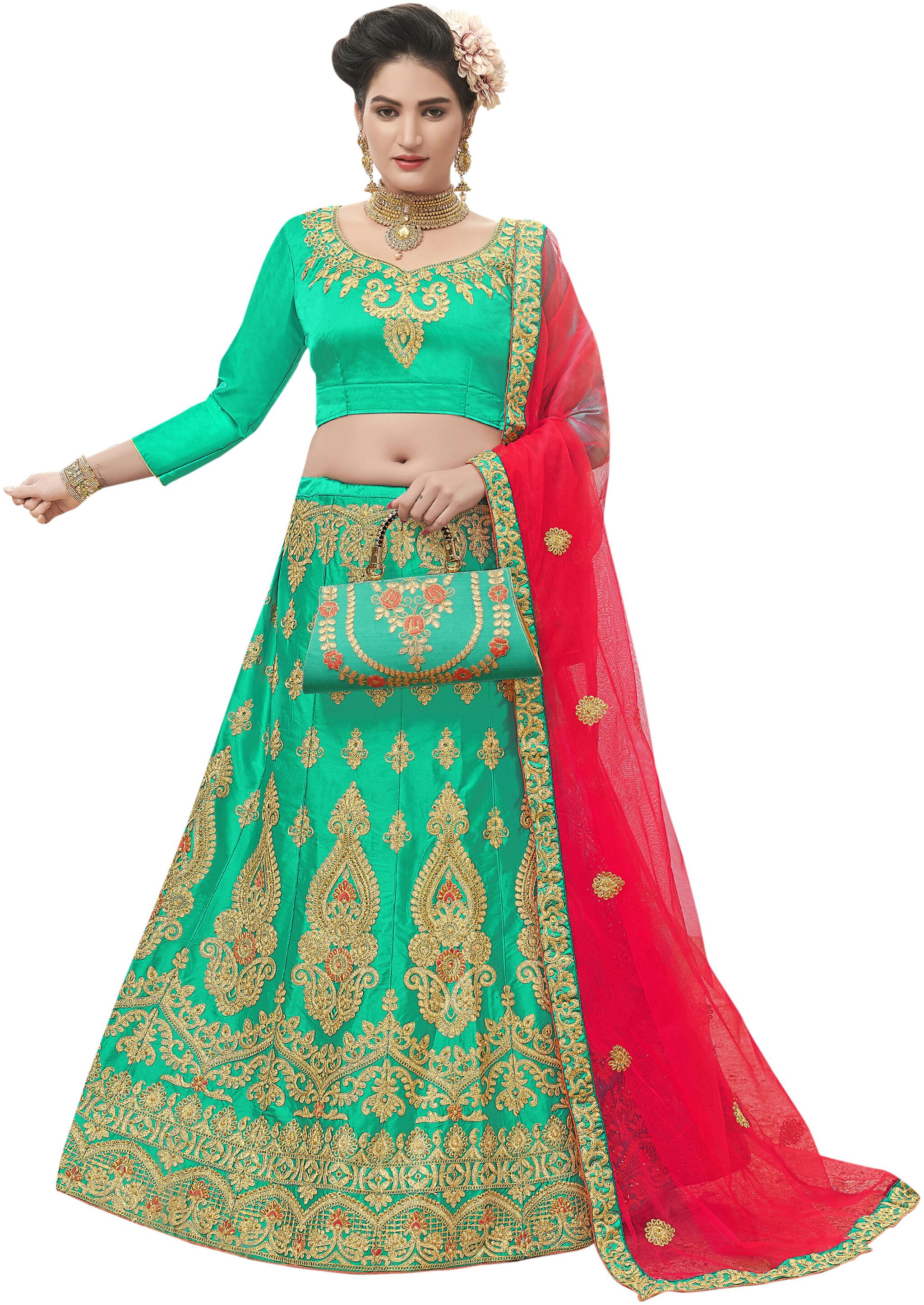 

Sainoor Women Embrodeired Lehenga Choli Satin Green