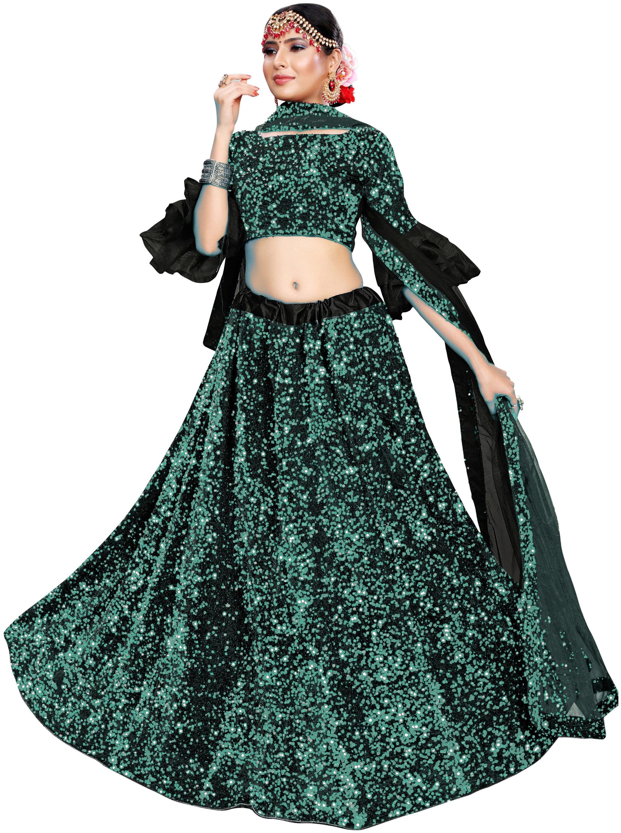 

Sainoor Women s Velvet Sequins Lehenga Choli (Green)